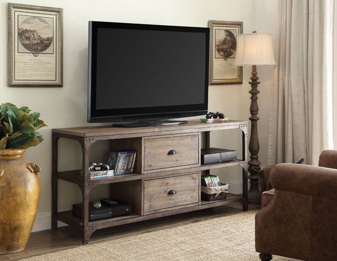 ACME Gorden - TV Stand - Weathered Oak & Antique Silver | Meri Furniture