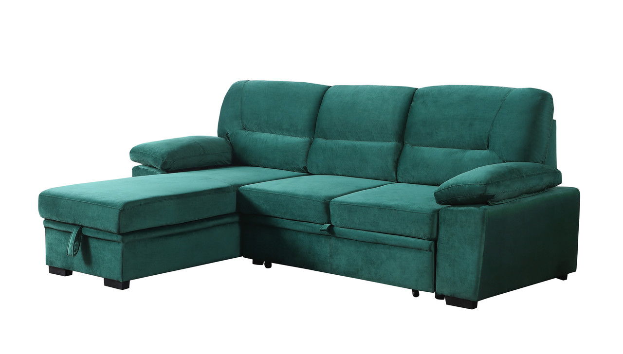 Kipling 97.5"W Green Velvet Fabric Reversible Sleeper Sectional Sofa Chaise