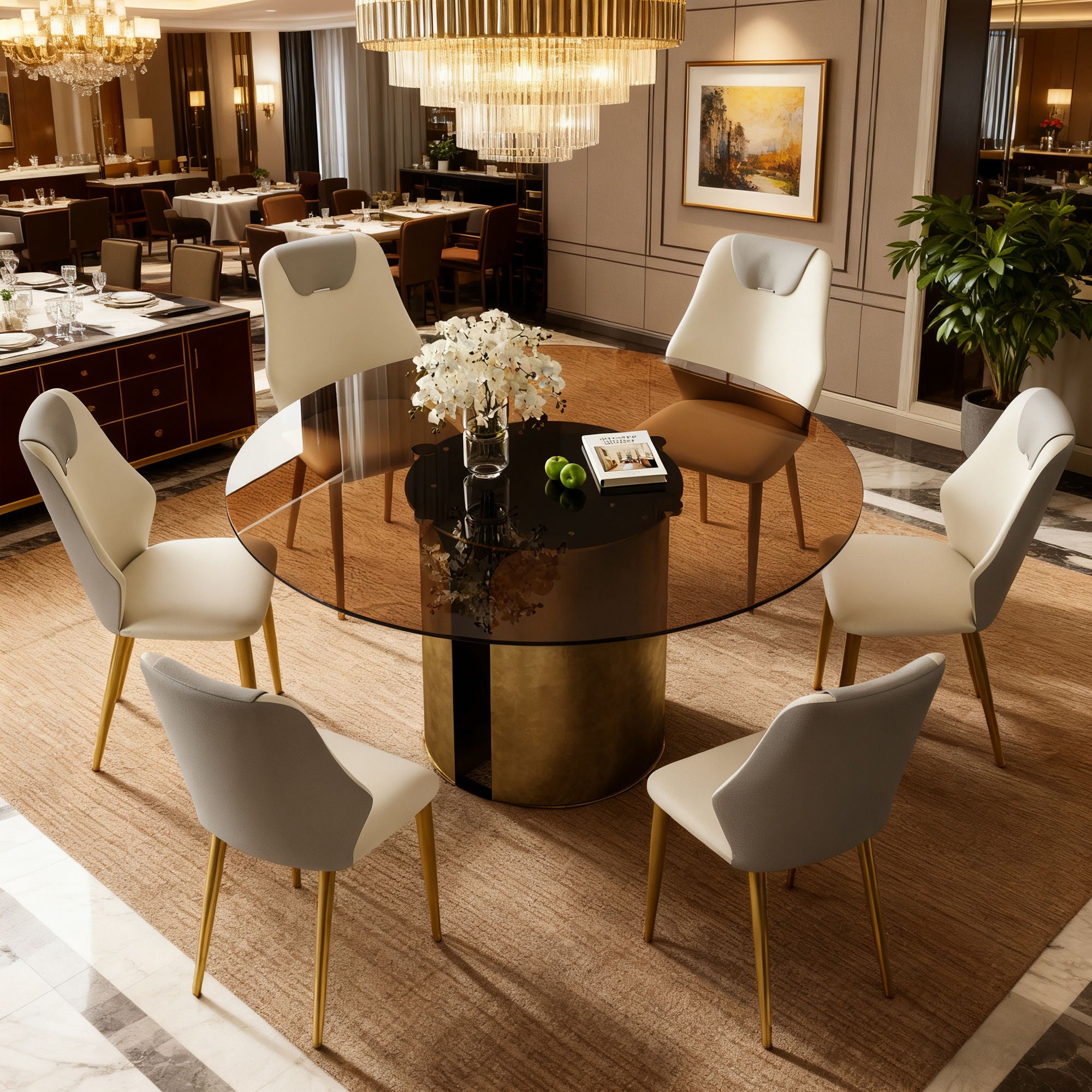 Modern Round Dining Table Set With Glass Top And Steel Legs