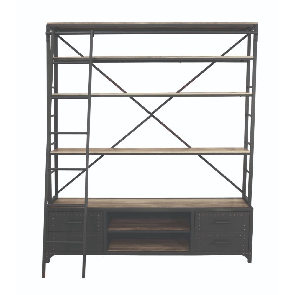 ACME Depict the gentle flow of industrial modern decor with the Actaki bookshelf and ladder set. Industrial modern shelving unit with 4 drawers with Nailhead trim and 2 open shelves provide a unique storage and display to you room. Some assembly required.