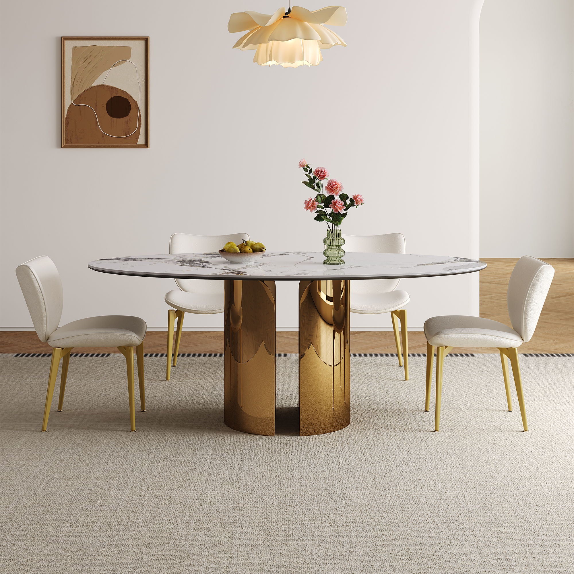 Steel Base Oval Sintered Stone Dining Table With 4 Chairs