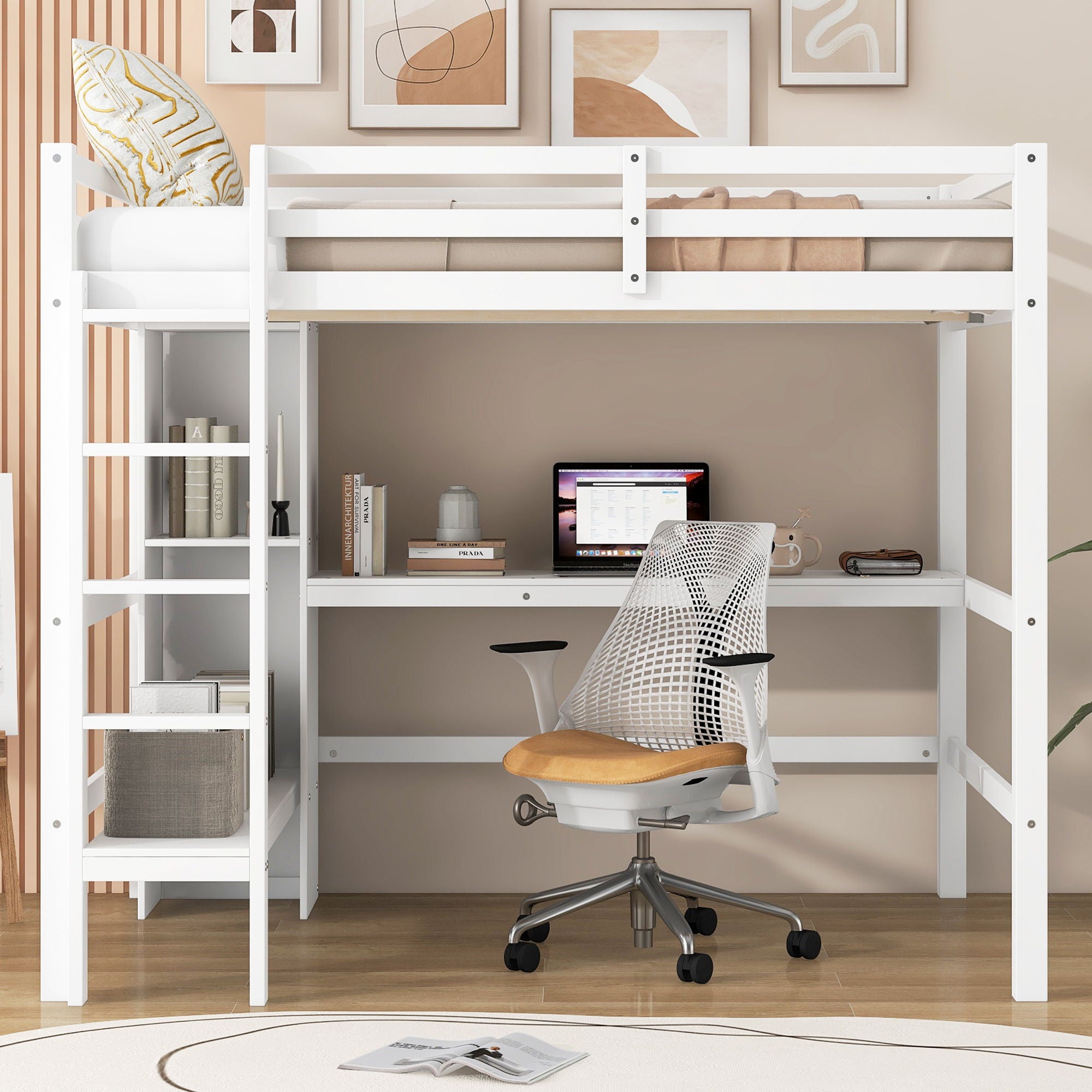 Loft Bed With Built In Desk And Multifunction Shelves