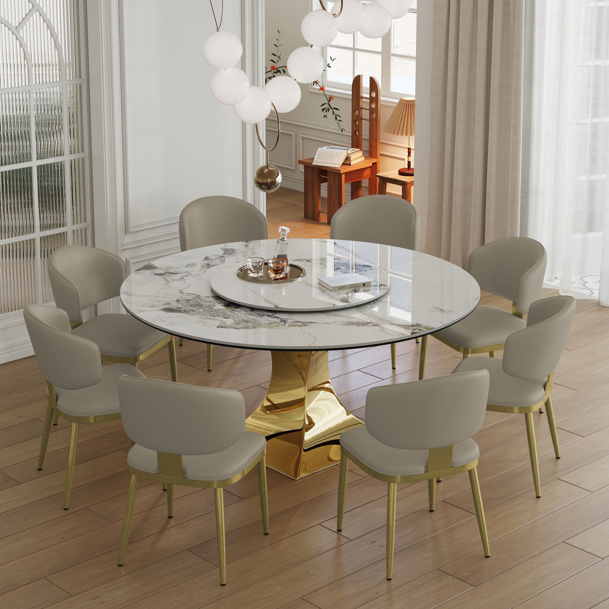 Luxury Round 59" Sintered Stone Dining Table With Stainless Steel Hourglass Base, Scratch & Heat Resistant Surface - Golden / White