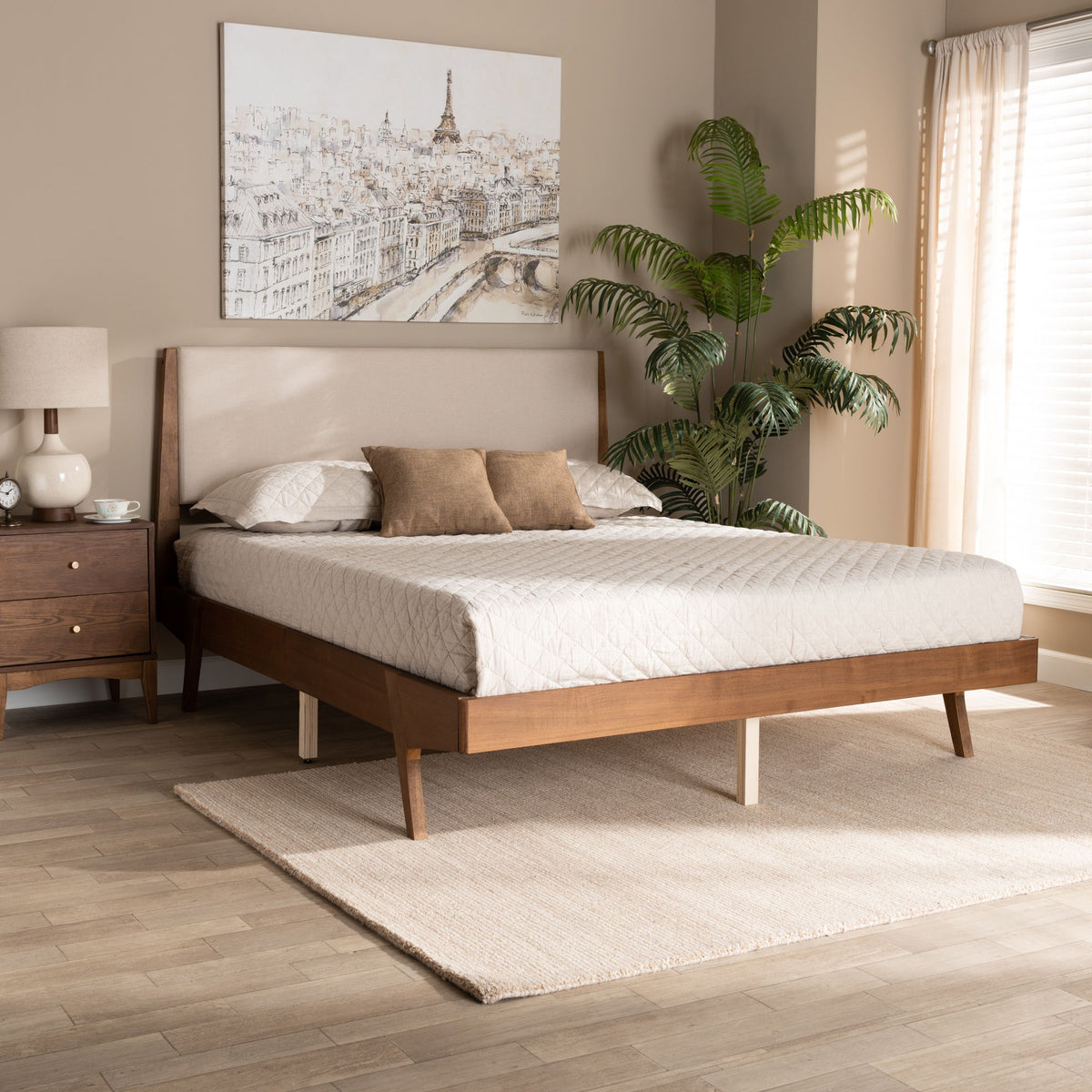 Senna Mid-Century Modern Beige Fabric Upholstered and Walnut Brown Finished Wood King Size Platform Bed