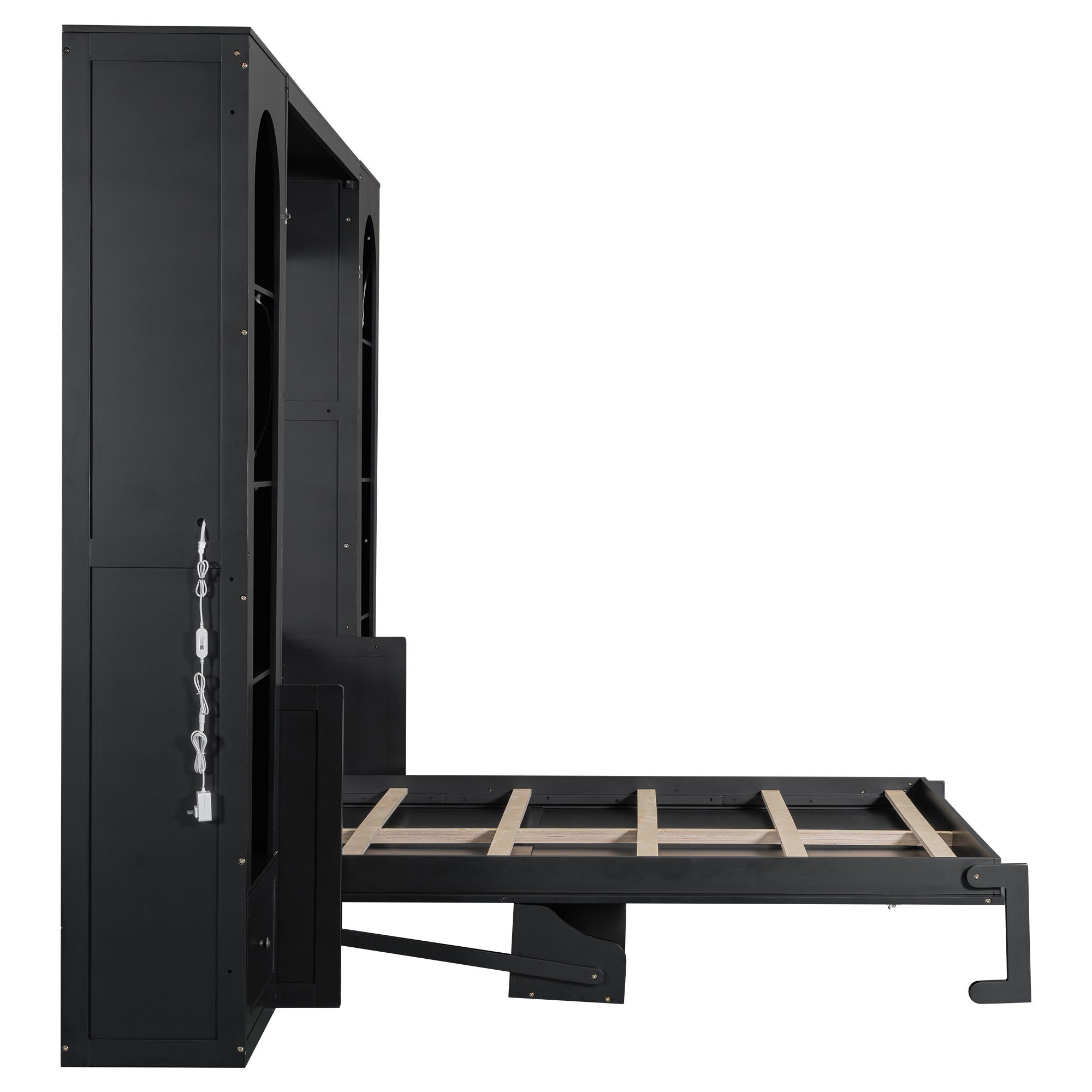 French Style Murphy Platform Bed With Shelf, Side Cabinets, Drawers And LED