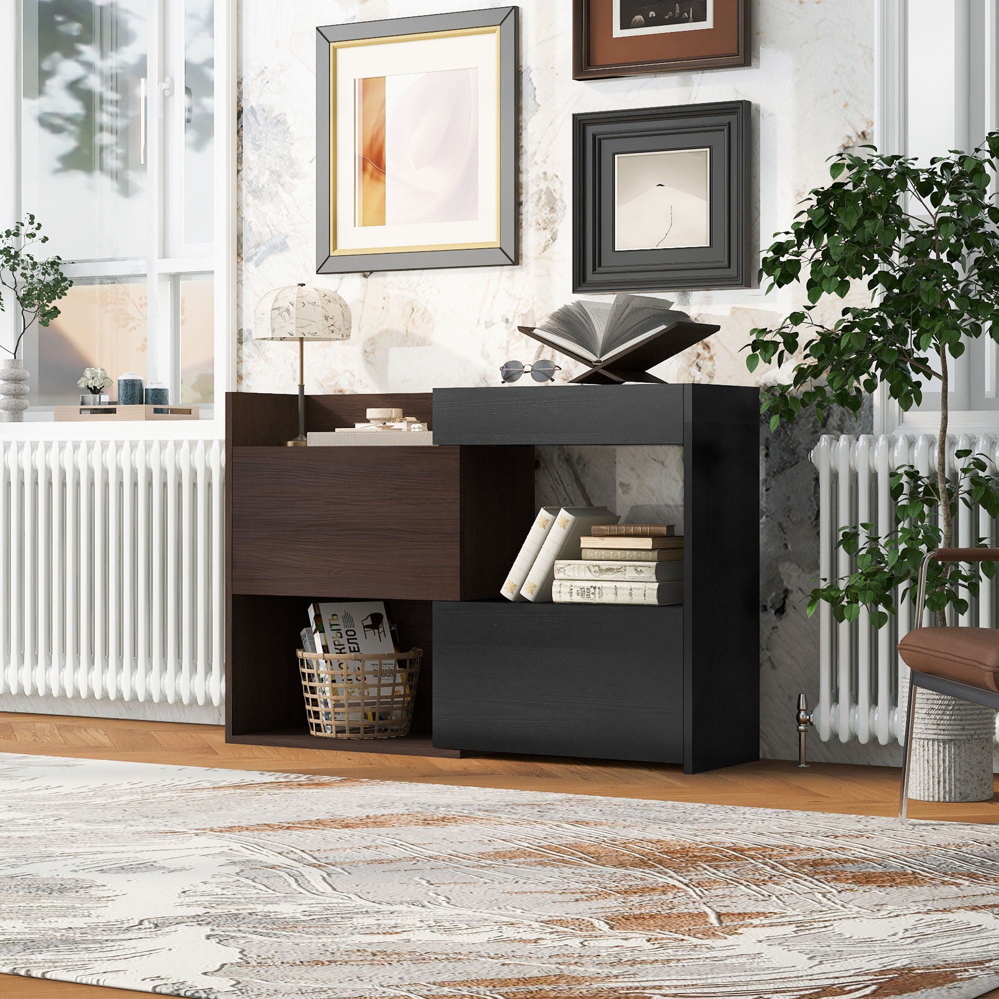 Modern Extendable & Rotating Cabinet With Drawer And Flip Doors For Versatile Storage - Black / Dark Walnut