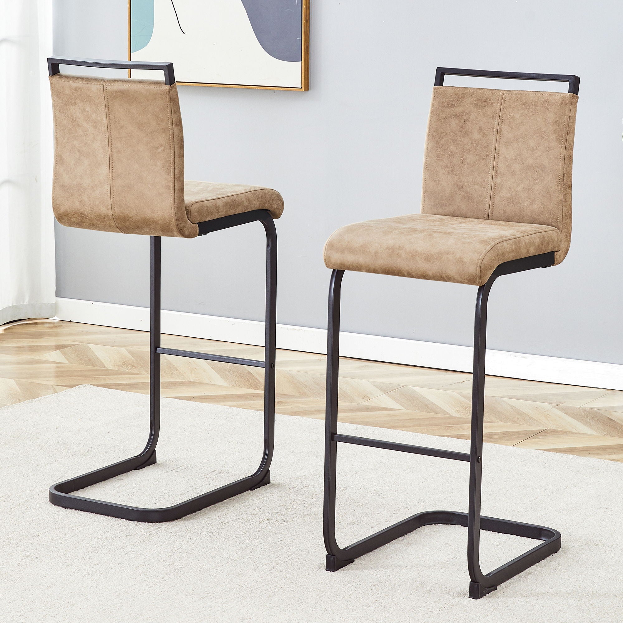 Modern Tech Fabric Bar Stool (Set of 2) With Metal Legs 42.5" Tall For Home Bar & Restaurant - Black / Brown