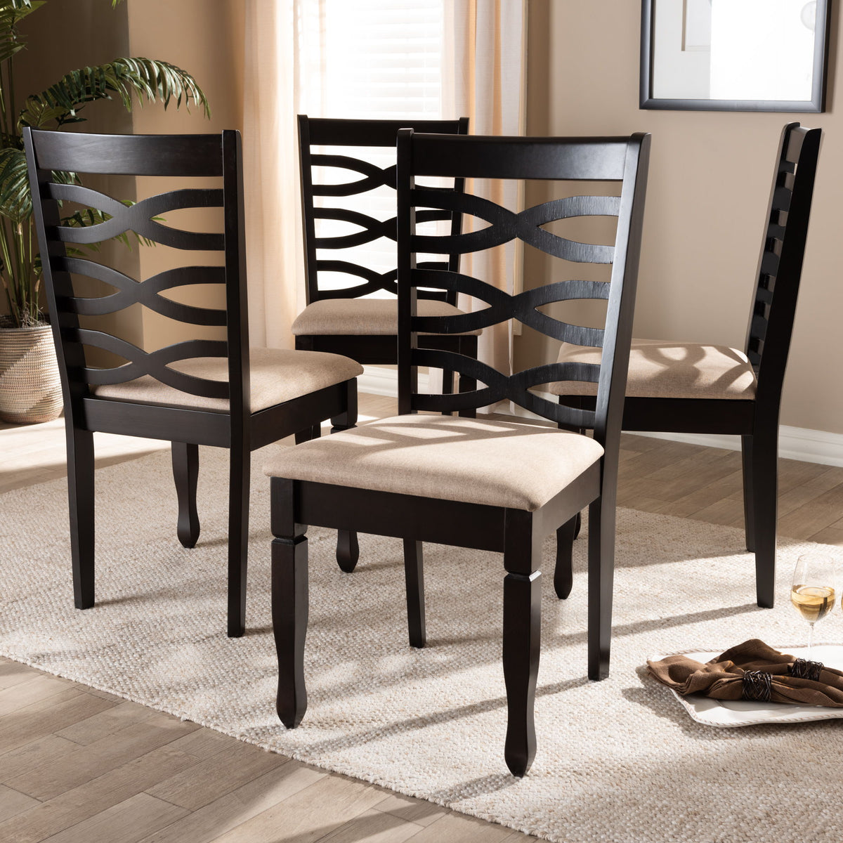 Lanier Modern and Contemporary Sand Fabric Upholstered Espresso Brown Finished Wood Dining Chair Set of 4