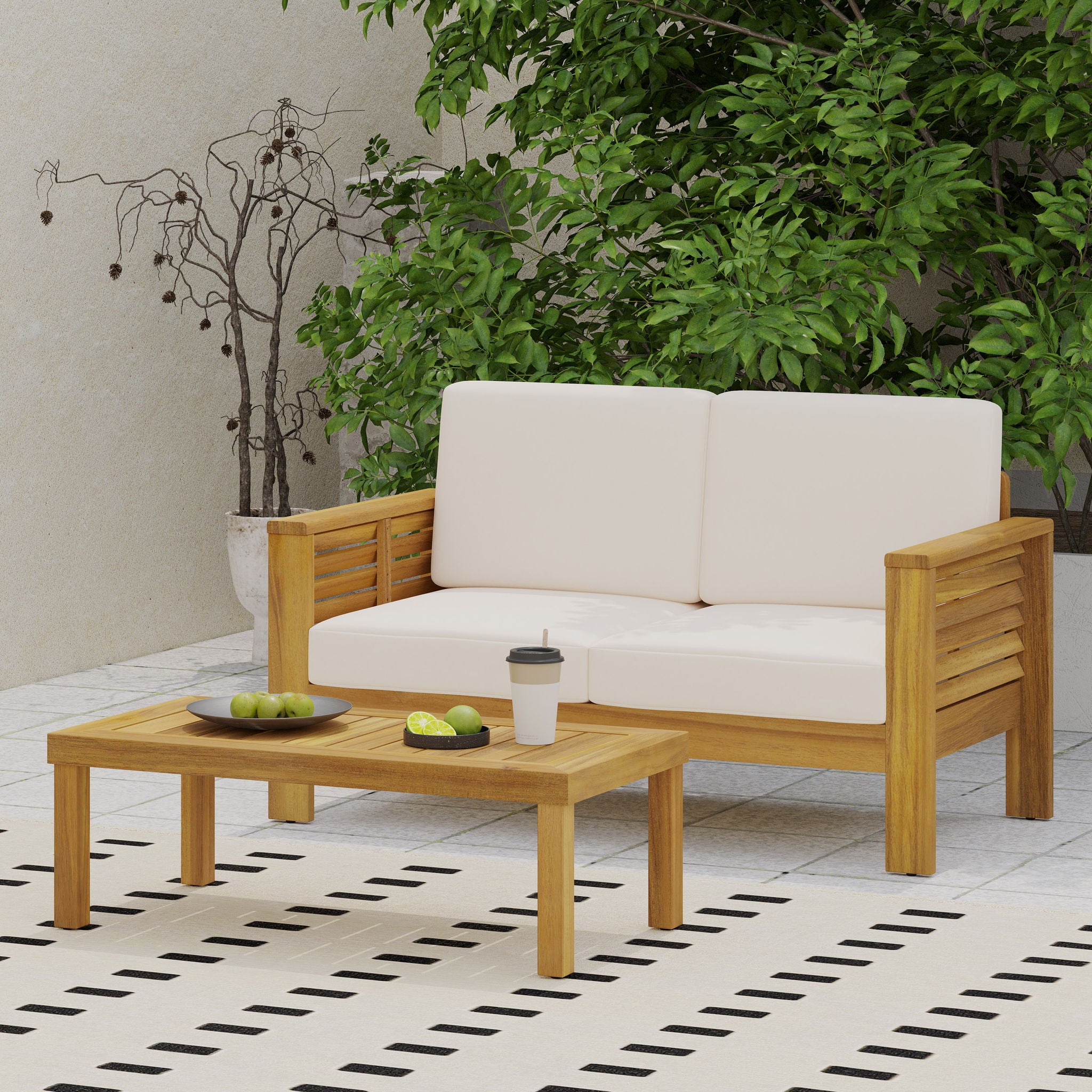 Acacia Wood Loveseat And Coffee Table Set With Cushions