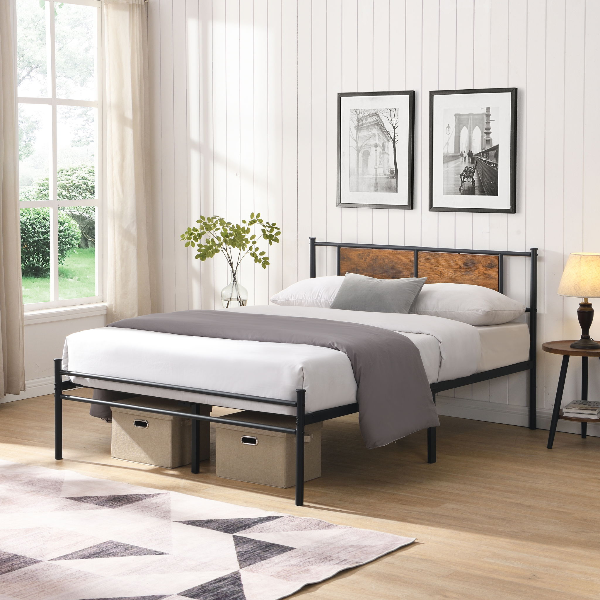ModerMetal Bedframe With Wood Panel Headboard