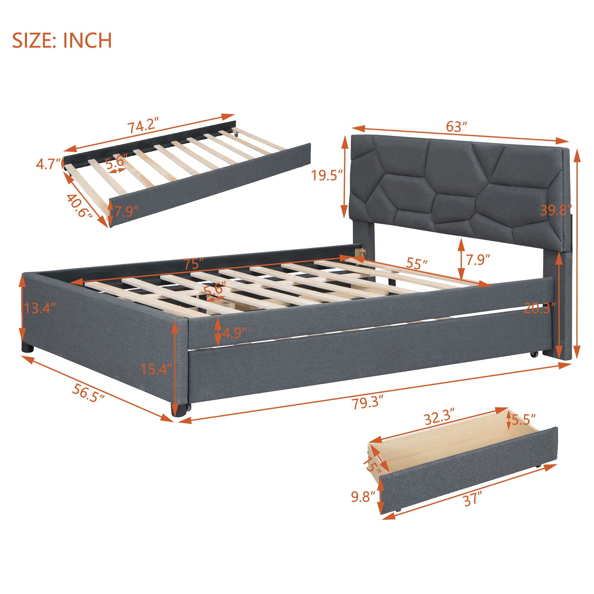 Upholstered Platform Bed With Brick Pattern Headboard And Twin Long Size Trundle