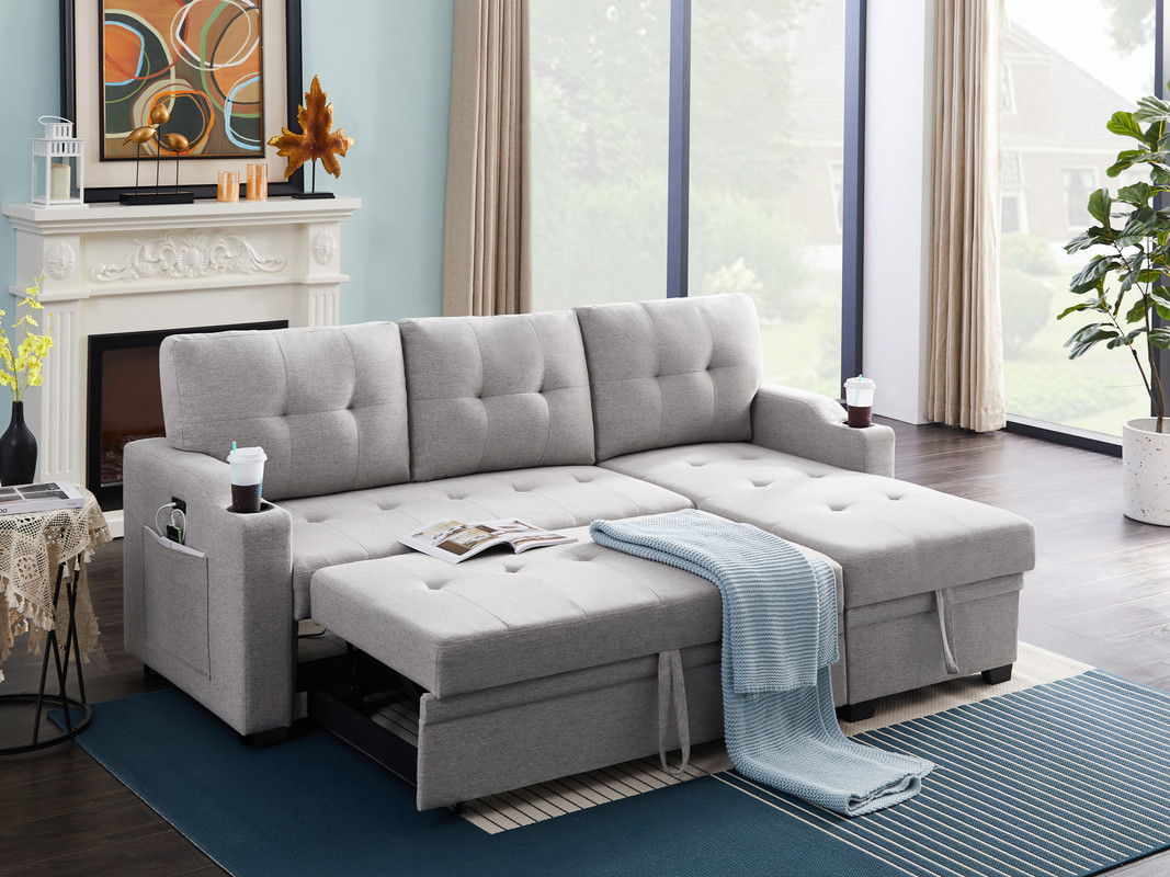 Mabel 83"W Light Gray Linen Fabric Sleeper Sectional with cupholder, USB charging port and pocket