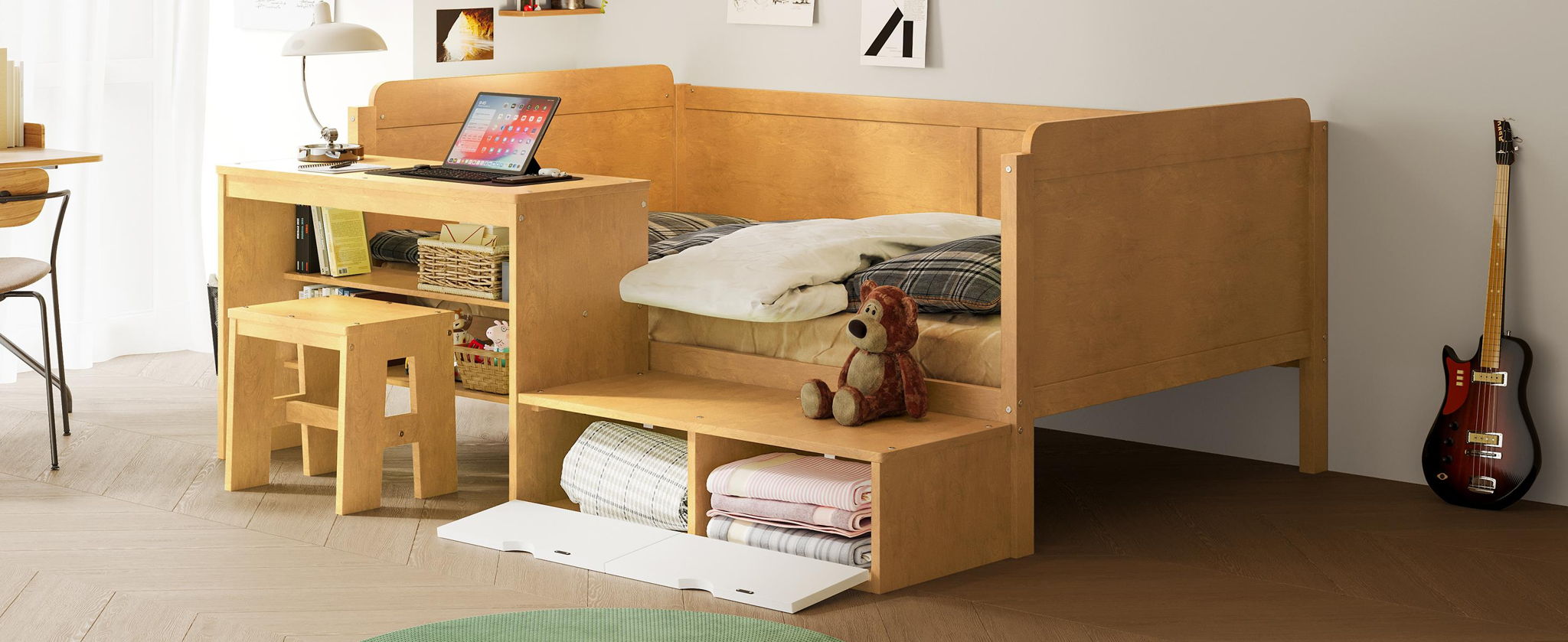 Daybed With Storage Shelves And Lockers, Multi Functional Bed With Study Desk And Matching Stool