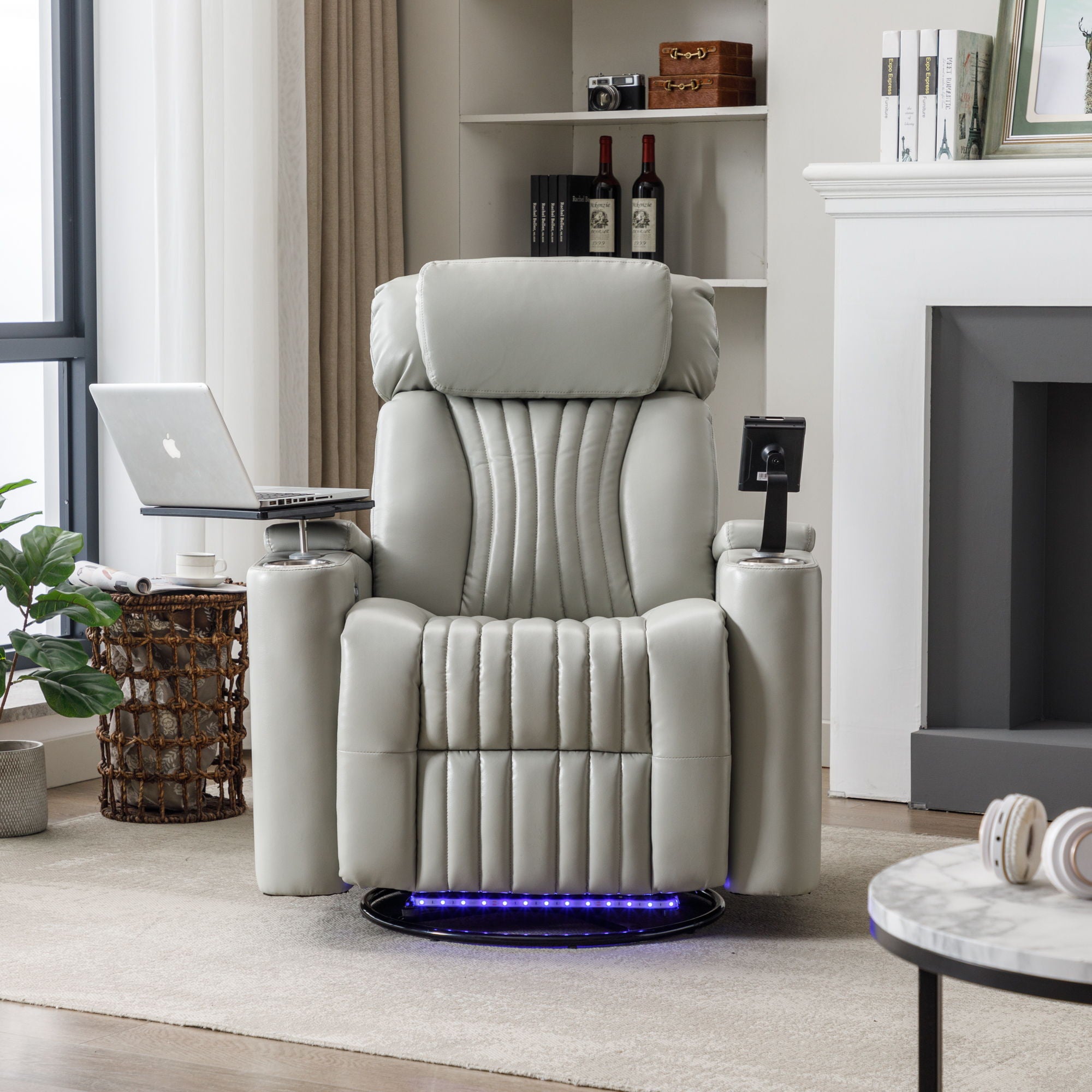 270° Power Swivel Recliner Home Theater Chair With Hidden Arm Storage, LED Light, Cup Holder, And Tray Table