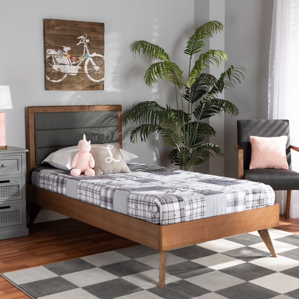 Linn Mid-Century Modern Dark Grey Fabric Upholstered and Walnut Brown Finished Wood Twin Size Platform Bed