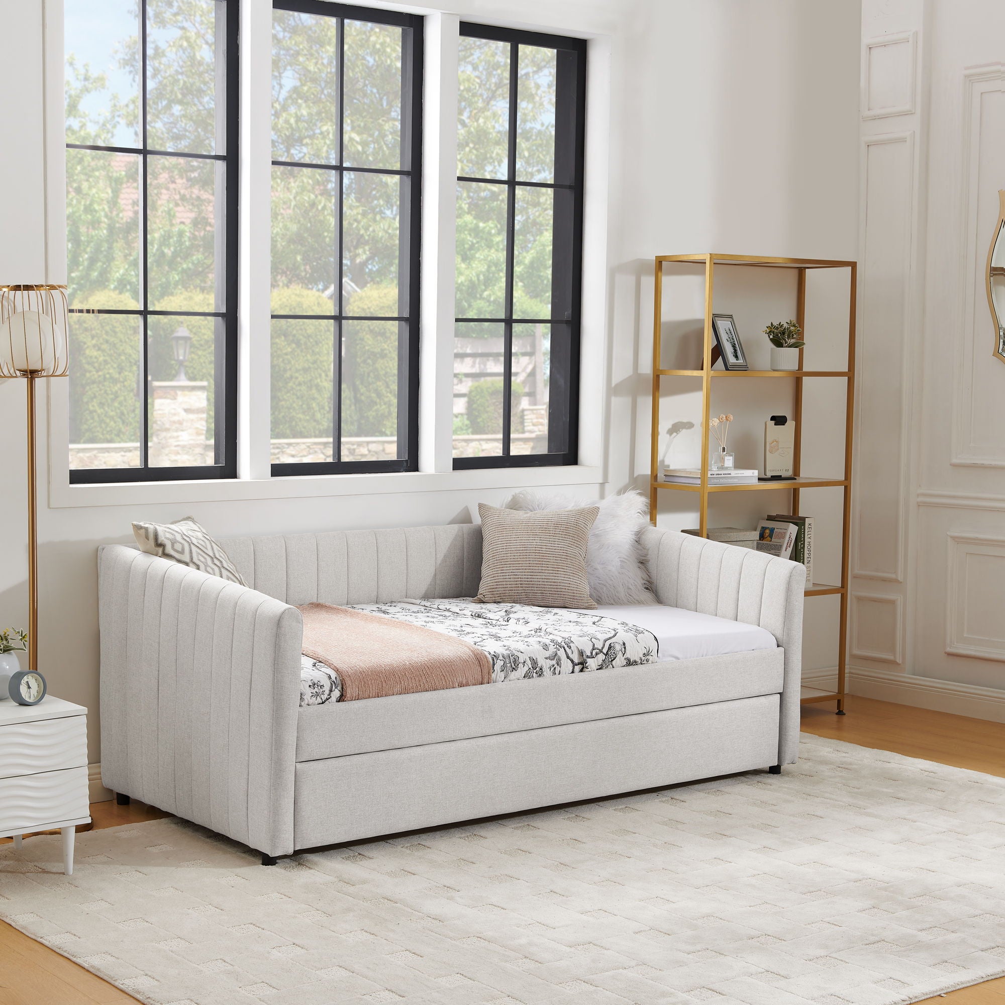 Upholstered Daybed With Trundle With Vertical Stripes