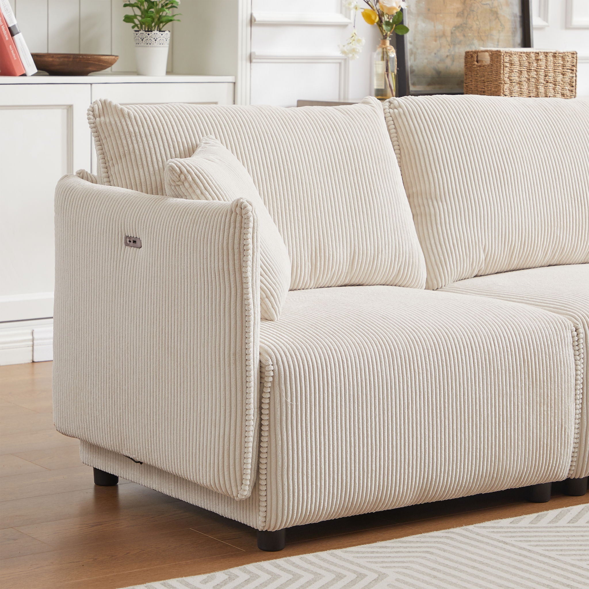 Modern Minimalist Corduroy Combination Sofa With 2 Comfort Cushions With USB & C Charging Ports