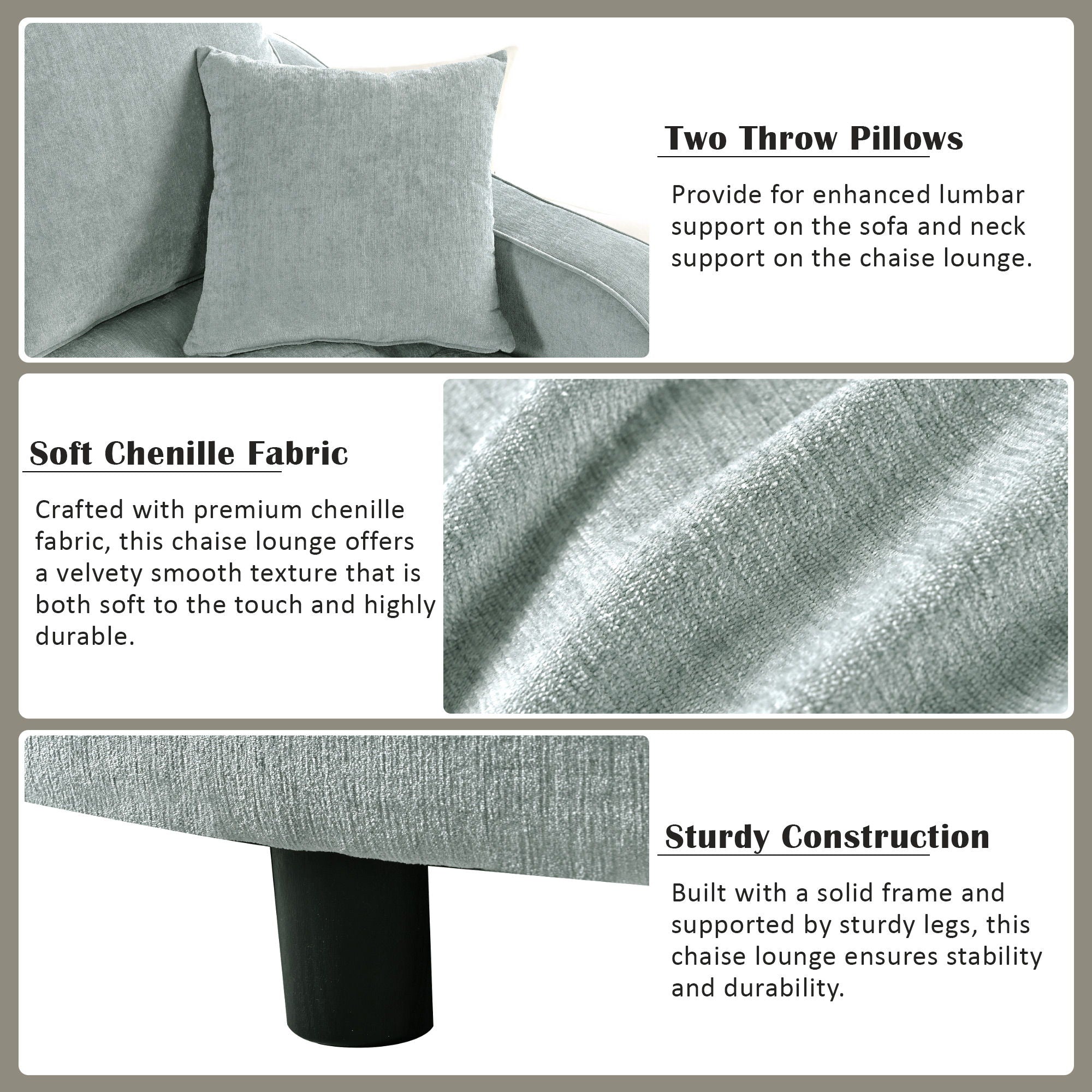 Modern Chaise Lounge Upholstered Sofa Couch With Tufted Seat And Detachable Pillows For Living Room