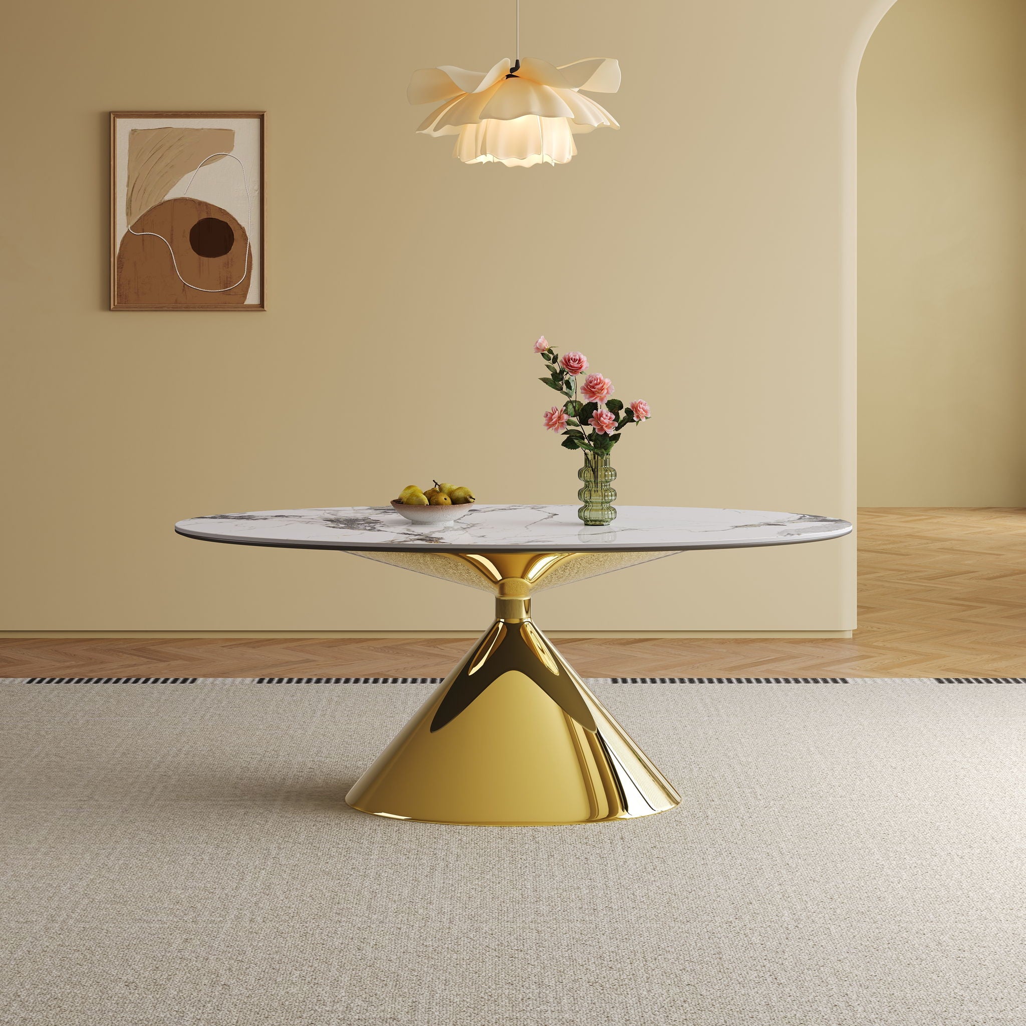 Modern Luxury Marble Dining Table Set Oval Kitchen Table With Stainless Steel Base - Gold / White Print