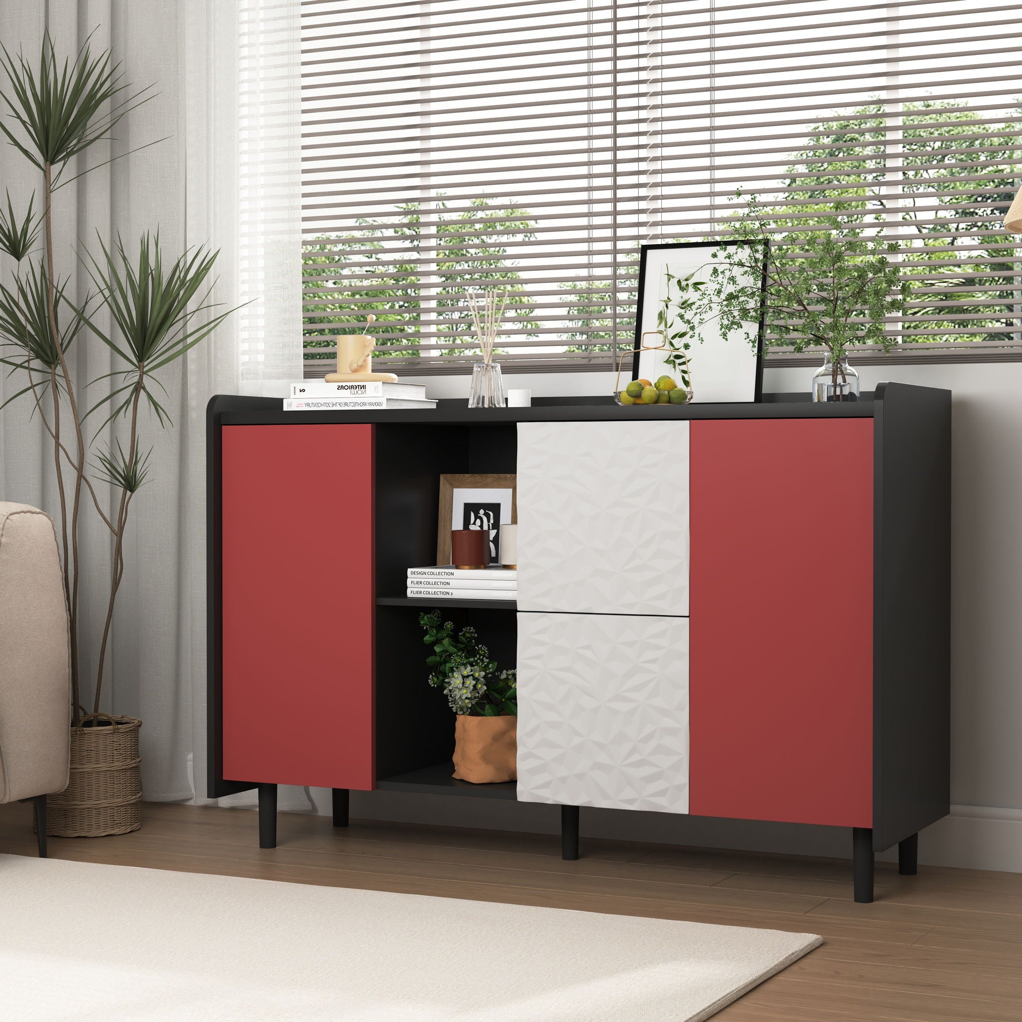 Modern Sideboard Buffet Cabinet With Red Doors And Unique Panel Styling