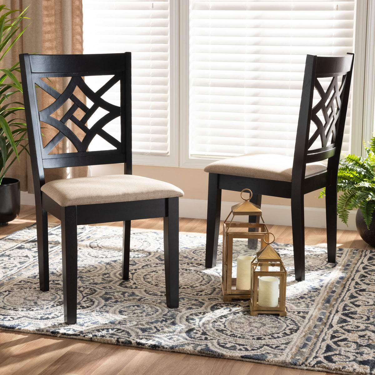 Nicolette Modern and Contemporary Sand Fabric Upholstered and Dark Brown Finished Wood 2-Piece Dining Chair Set