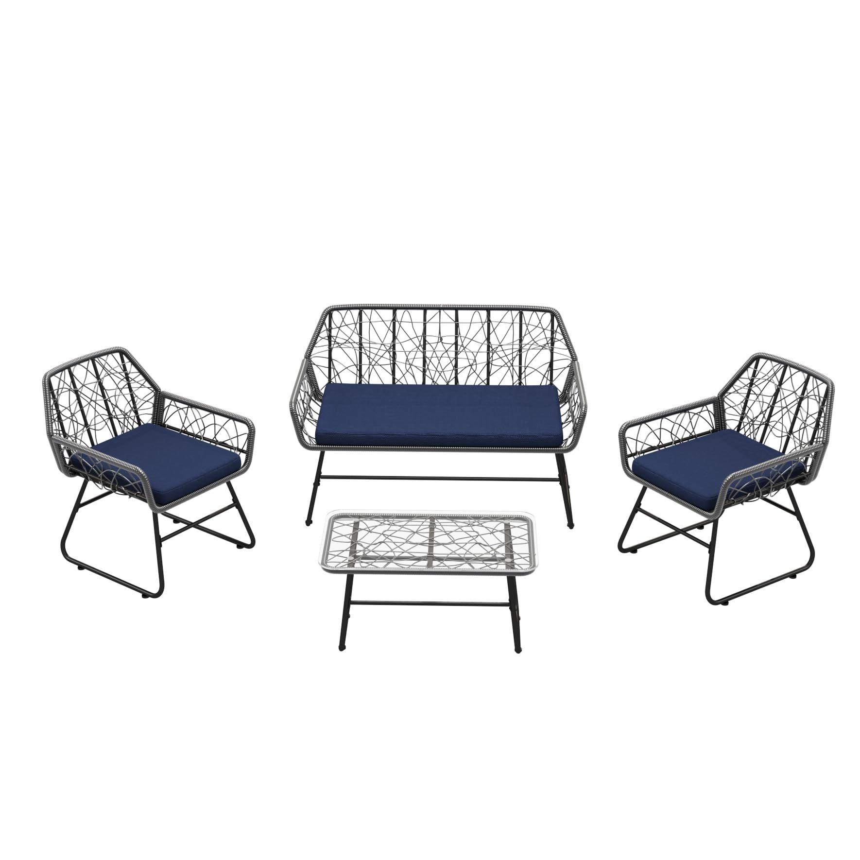 4 Piece Wicker Patio Furniture Set With Tempered Glass Table And Detachable Cushions