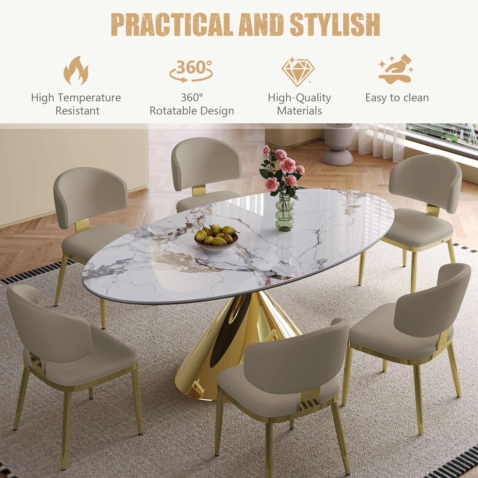 Modern Luxury Marble Dining Table Set Oval Kitchen Table With Stainless Steel Base - Gold / White Print