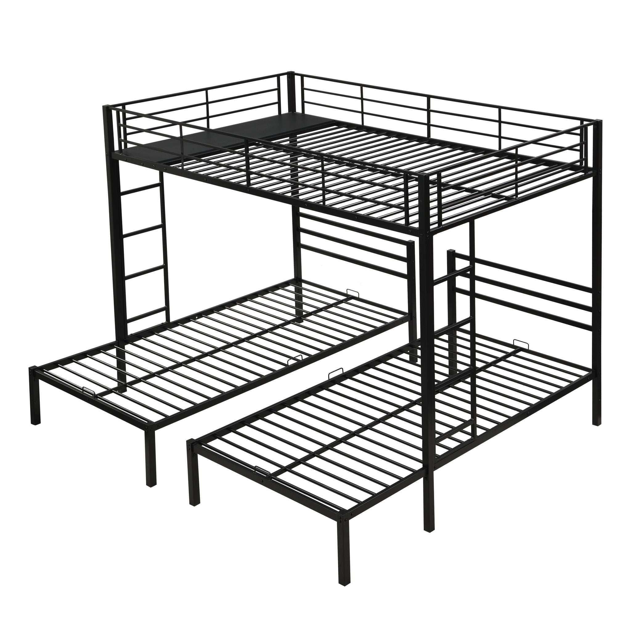 Modern Metal Triple Bunk Bed With Vertical Ladder, Safety Rail, And Storage Shelf - Black