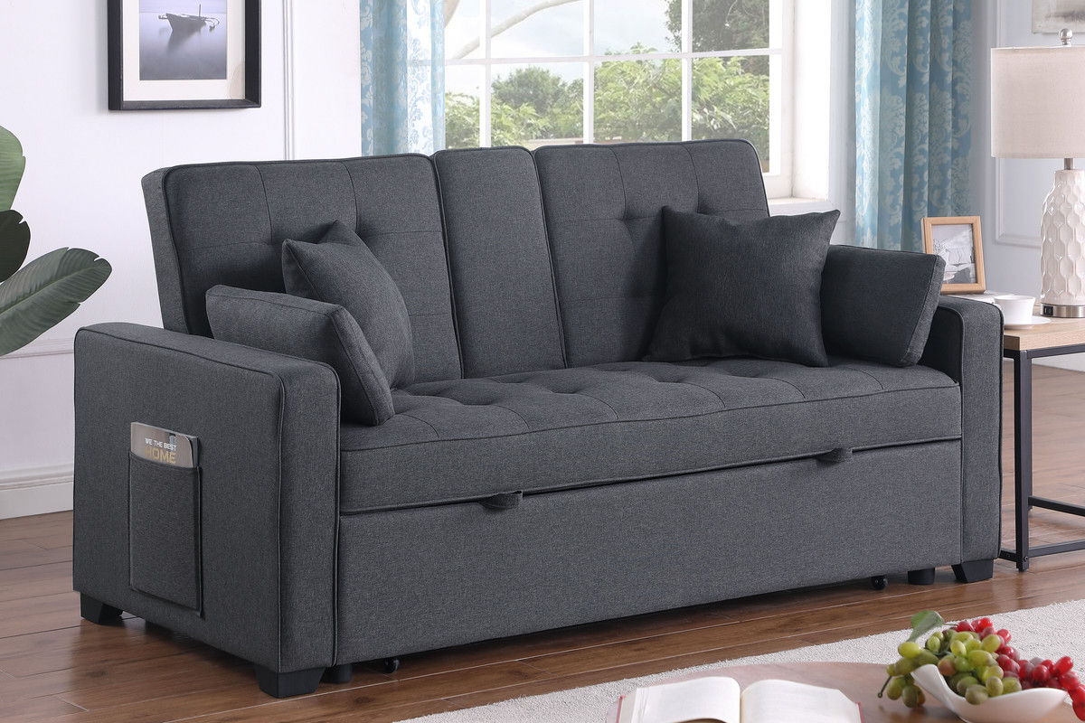 Cody II 70"W Dark Gray Linen Convertible Sleeper Loveseat with Dropdown Console, Cup Holders, Charging Ports, Pocket, and Pocket Coil Seating