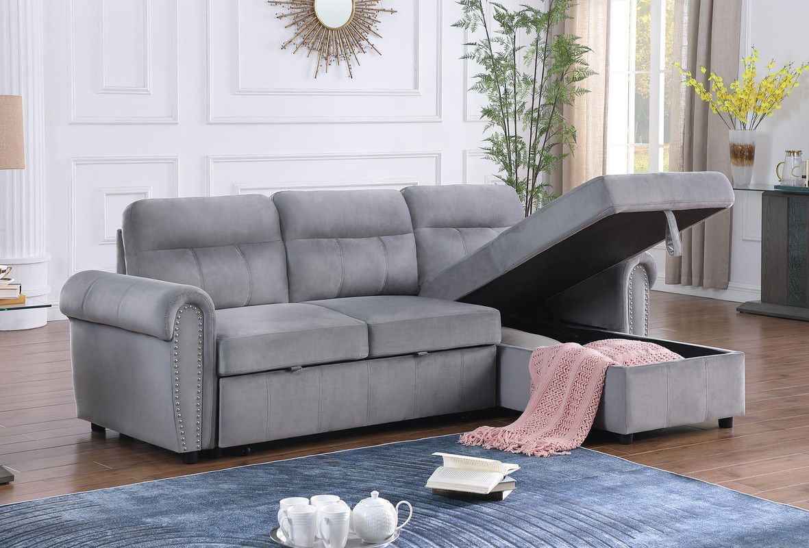 Ashton 96.5"W Gray Velvet Fabric Reversible Sleeper Sectional Sofa Chaise