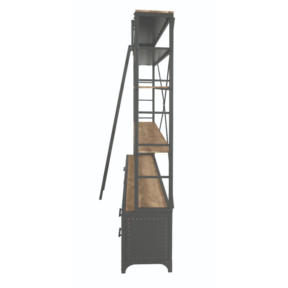 ACME Depict the gentle flow of industrial modern decor with the Actaki bookshelf and ladder set. Industrial modern shelving unit with 4 drawers with Nailhead trim and 2 open shelves provide a unique storage and display to you room. Some assembly required.
