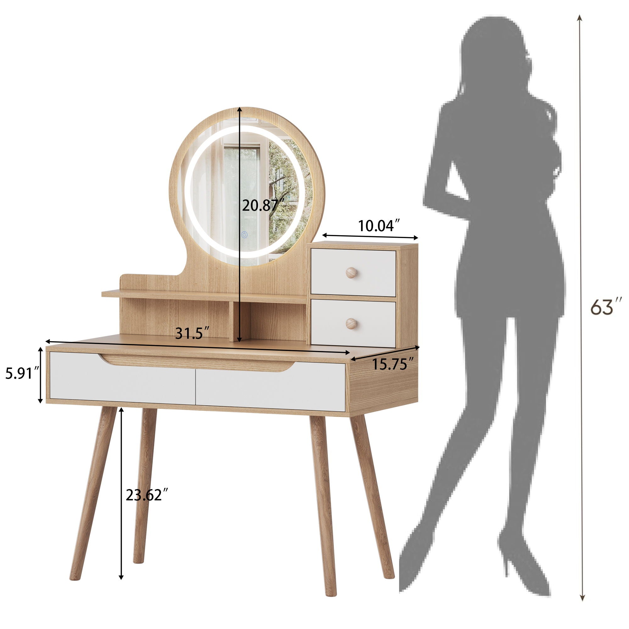 Elegant Makeup Vanity Desk With Adjustable Lighted Mirror Table Feet - American White Oak