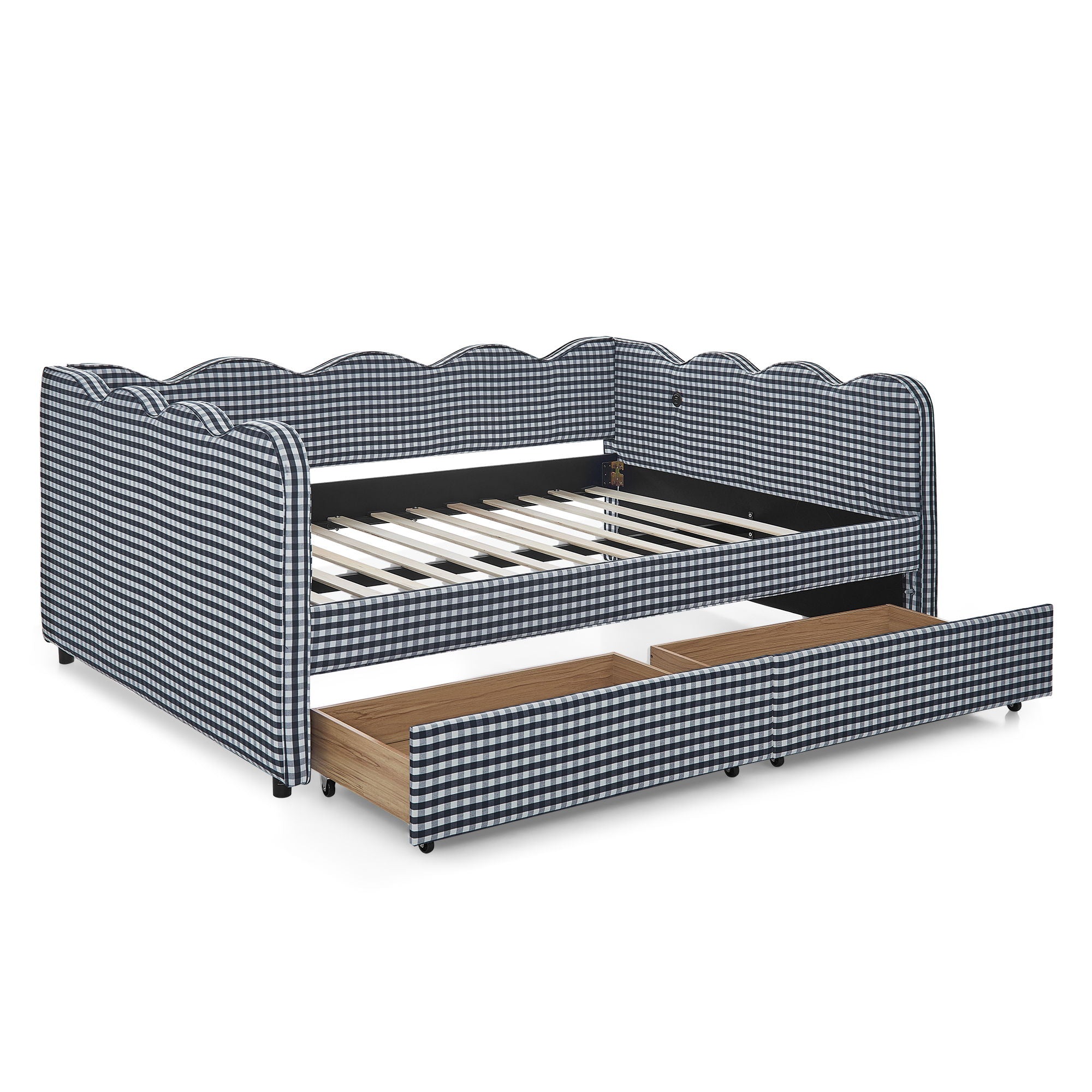 Gingham Daybed With USB Charging Port, Wave-Shaped Design