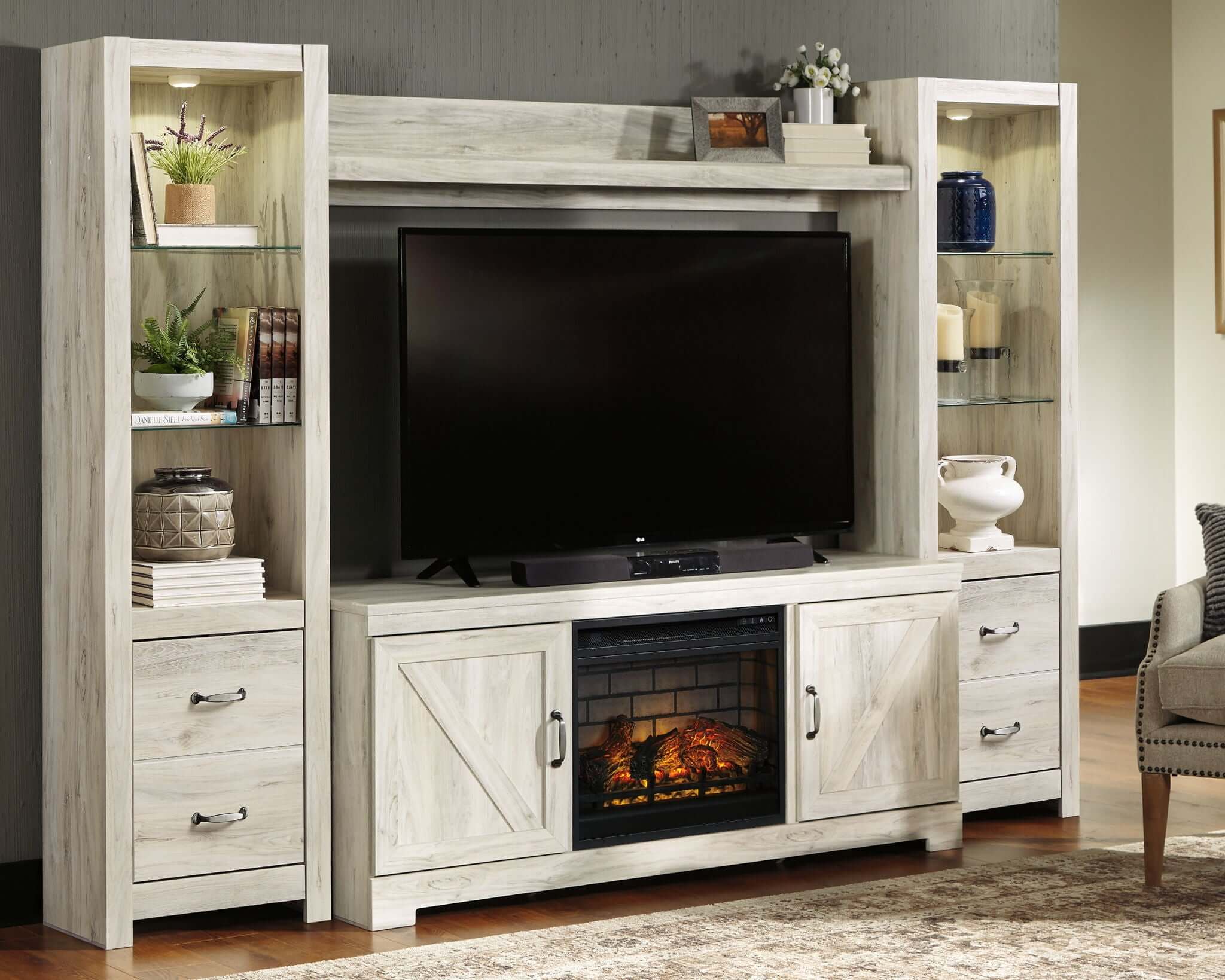 Bellaby - Entertainment Center - TV Stand With Faux Firebrick Fireplace Insert - Whitewash