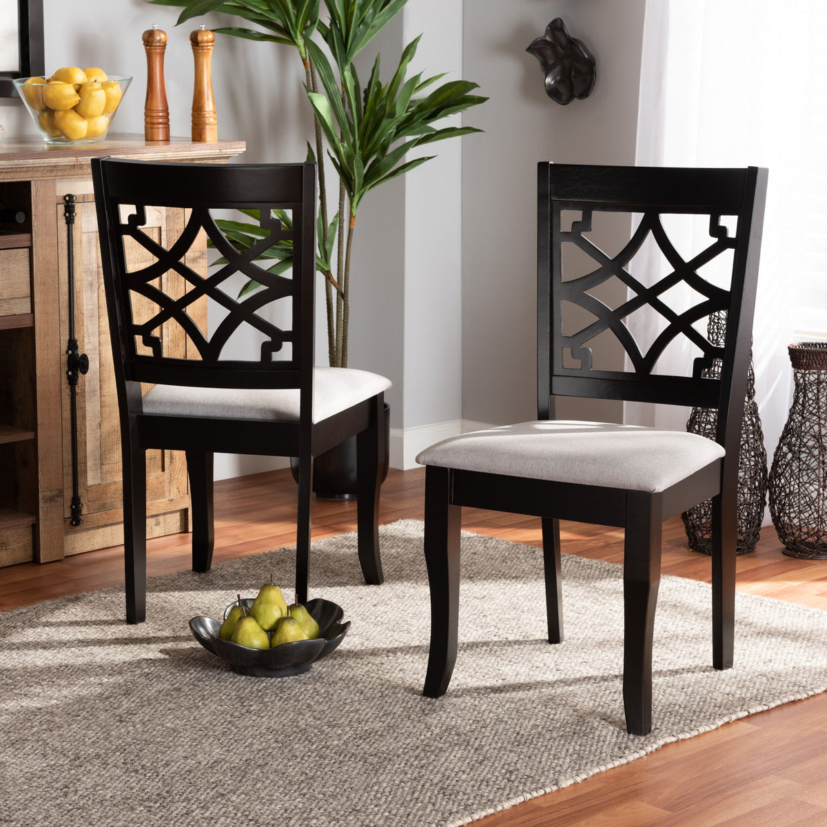 Mael Modern and Contemporary Grey Fabric Upholstered and Dark Brown Finished Wood 2-Piece Dining Chair Set
