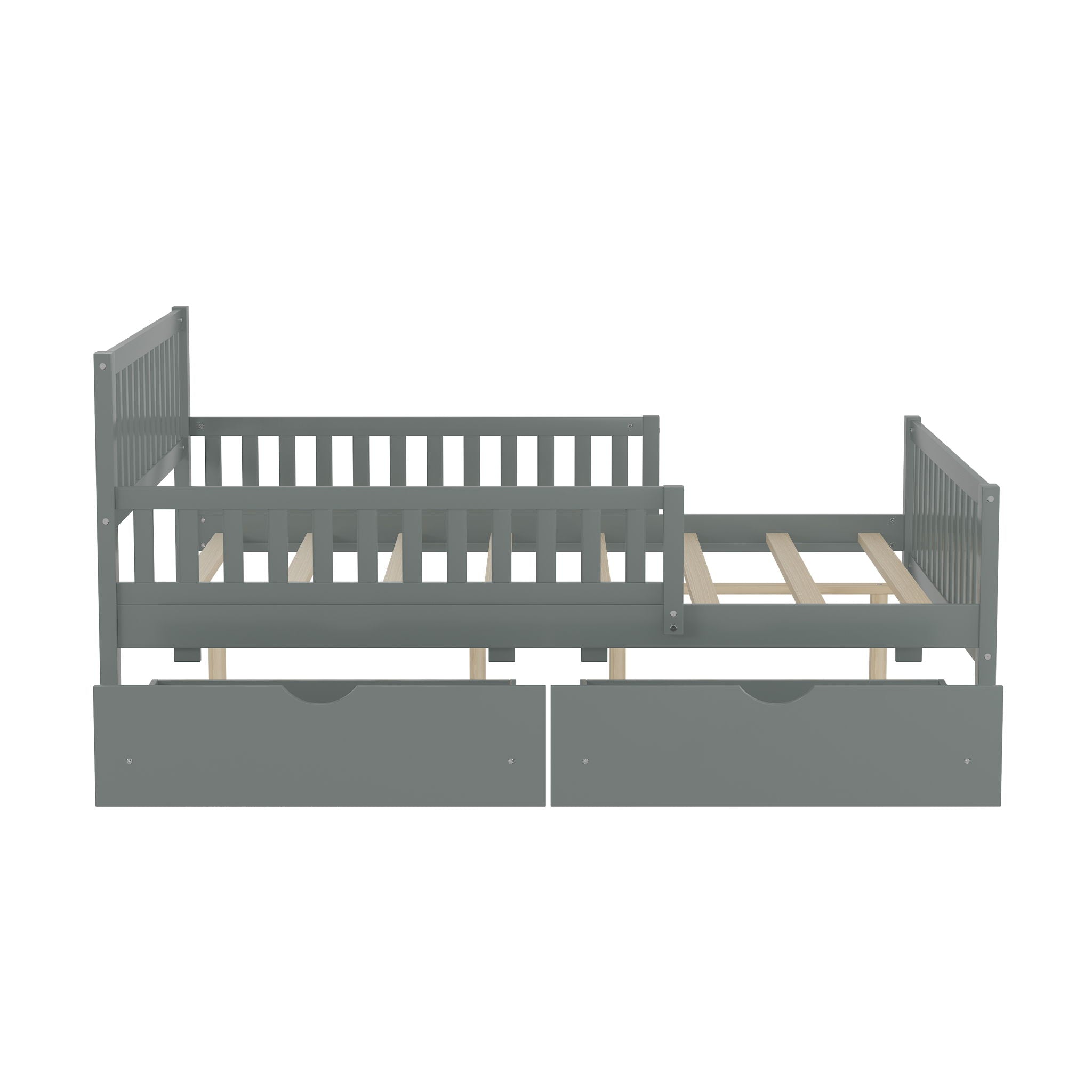 Platform Bed With Guardrails On Both Sides And 2 Storage Drawers