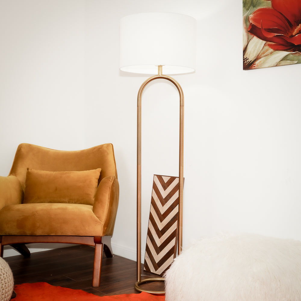 Vivid - Ring Base Floor Lamp With Large Drum Shade - Antique Brass / White