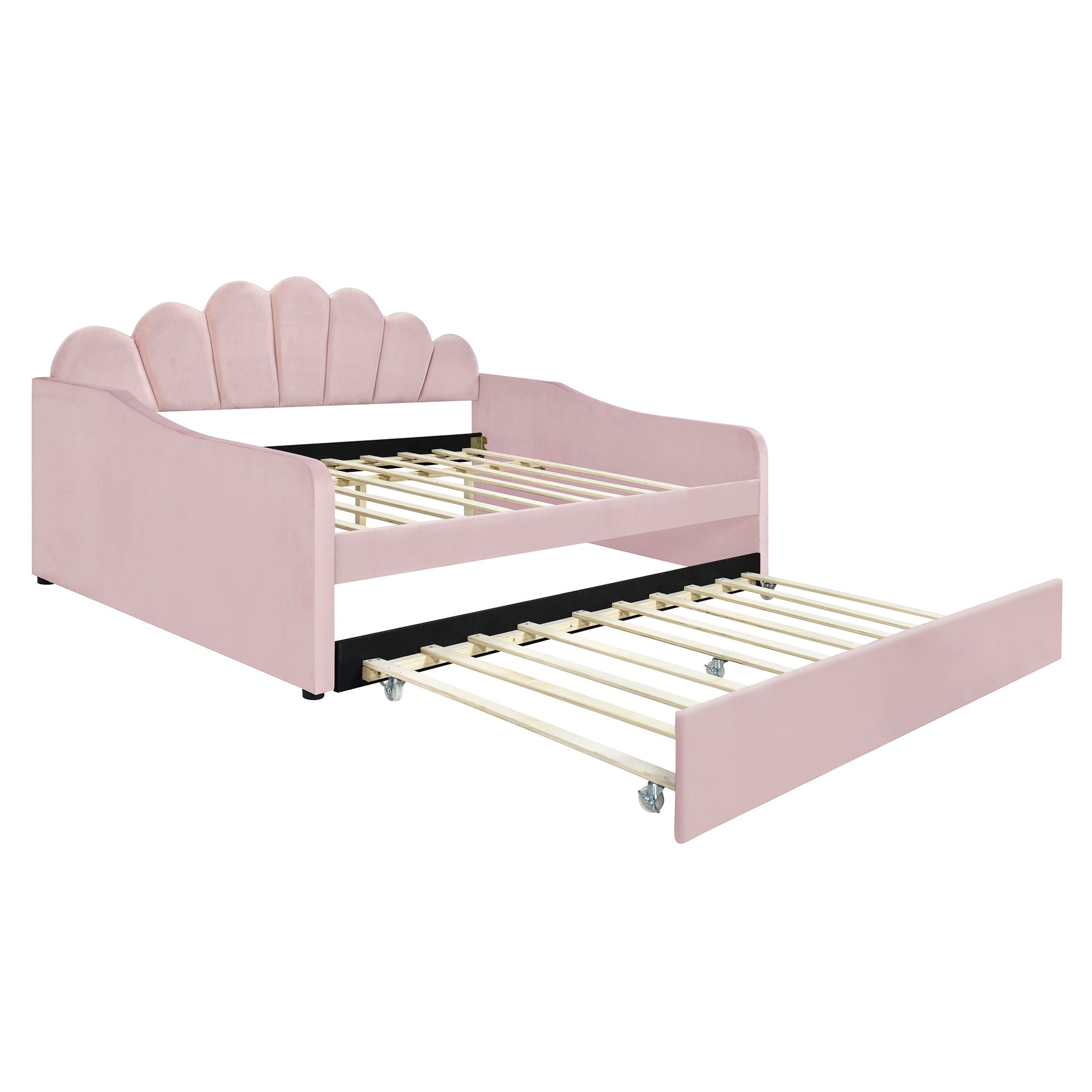 Upholstery Daybed Frame With Shell Shaped Backrest And Trundle
