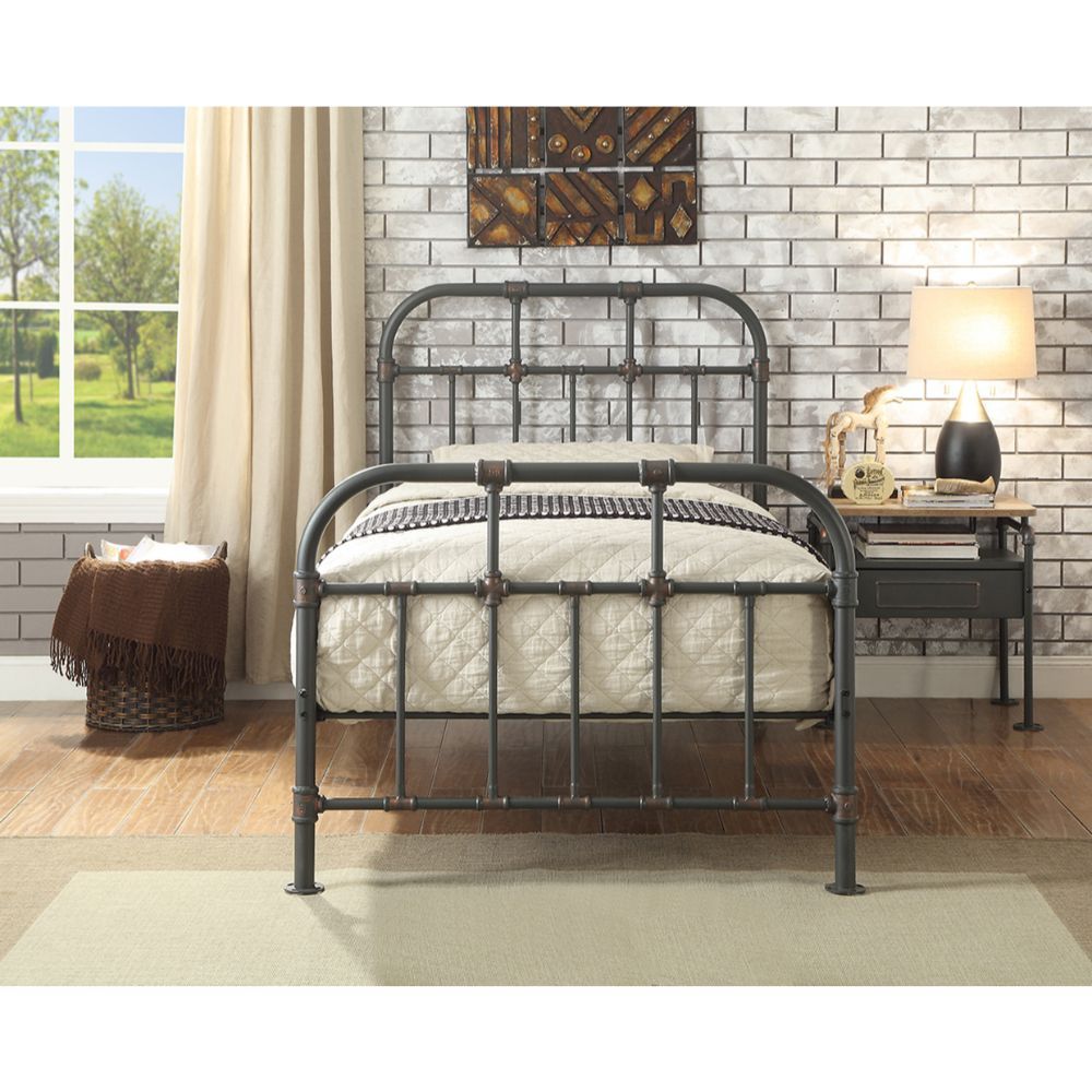 ACME With Industrial and vintage style the Nicipolis bed collection features sandy gray metal open frame, complemented by pipe castings with dark bronze hand brush accent. This collection will be a good choice for whom is seeking for a simple style bedroo