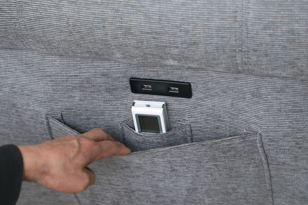 Hugo 97"W Light Gray Chenille Reversible Sleeper Sectional Sofa Chaise with USB Chargers, Phone/Magazine Pockets