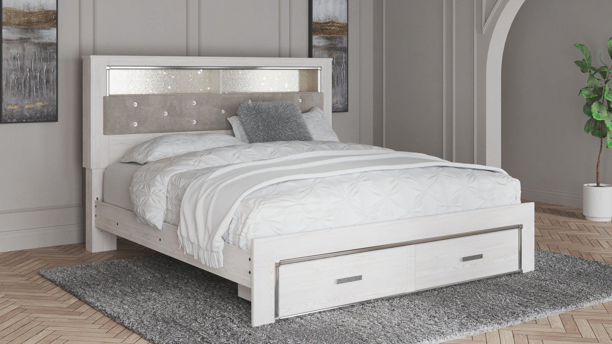 Signature Design by Ashley® Altyra - White - King Upholstered Bookcase Bed With Storage | Meri Furniture