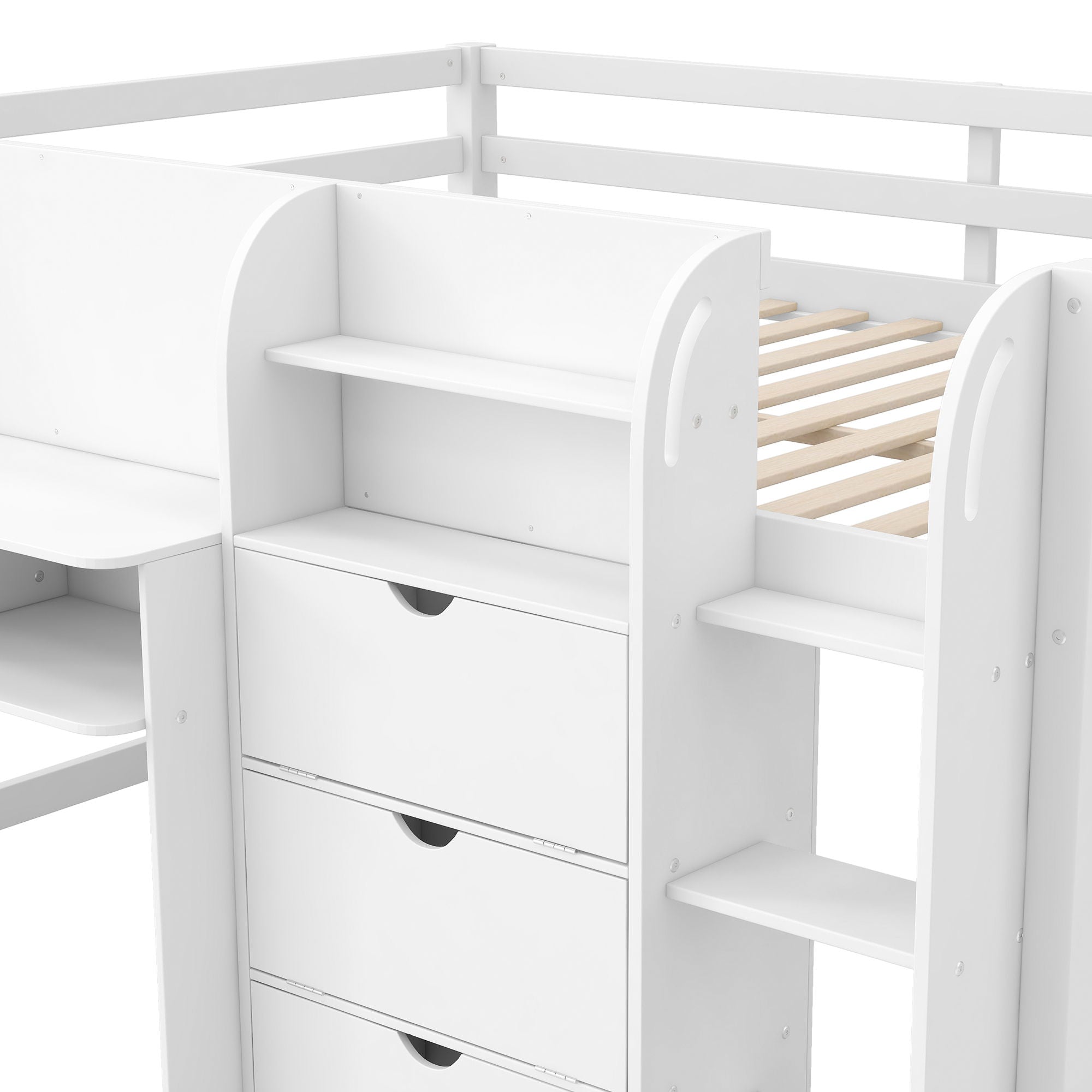 Low Loft Bed With Built In Desk, Storage Cabinets, Open Bookcase And Doodle Blackboard