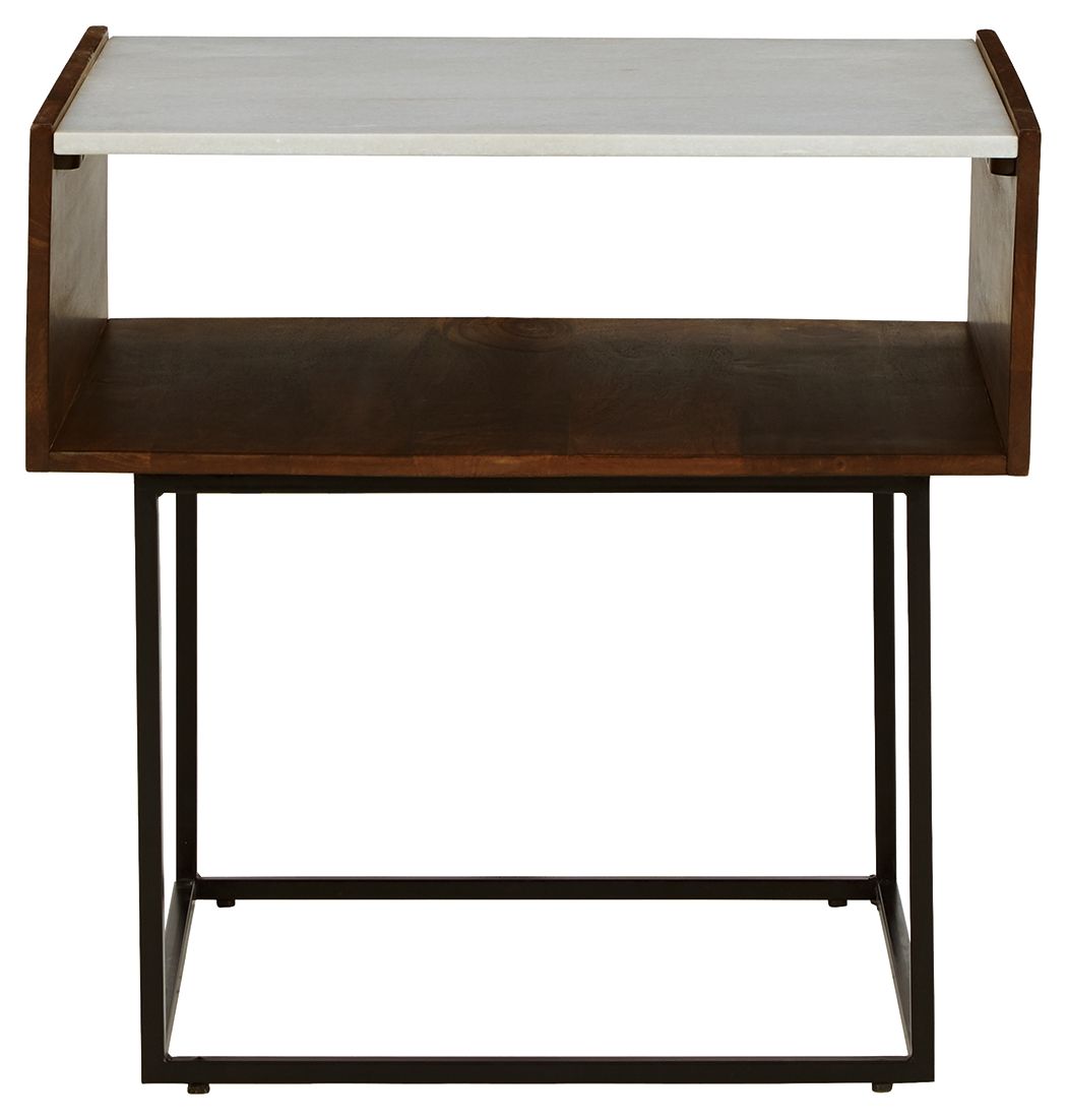Ashley Furniture Rusitori - Brown / Beige / White - Rectangular End Table | Meri Furniture