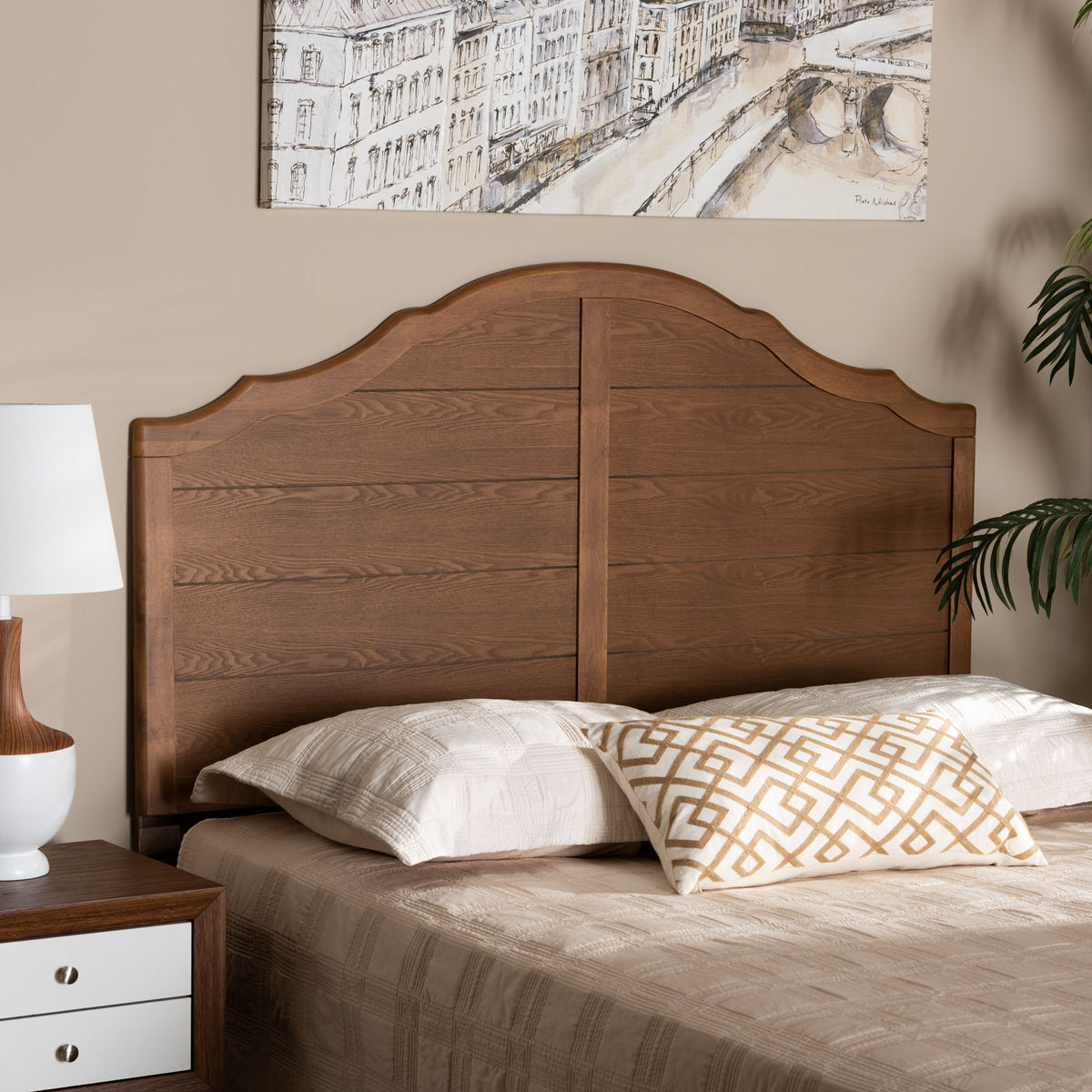 Clive Vintage Traditional Farmhouse Ash Walnut Finished Wood King Size Headboard