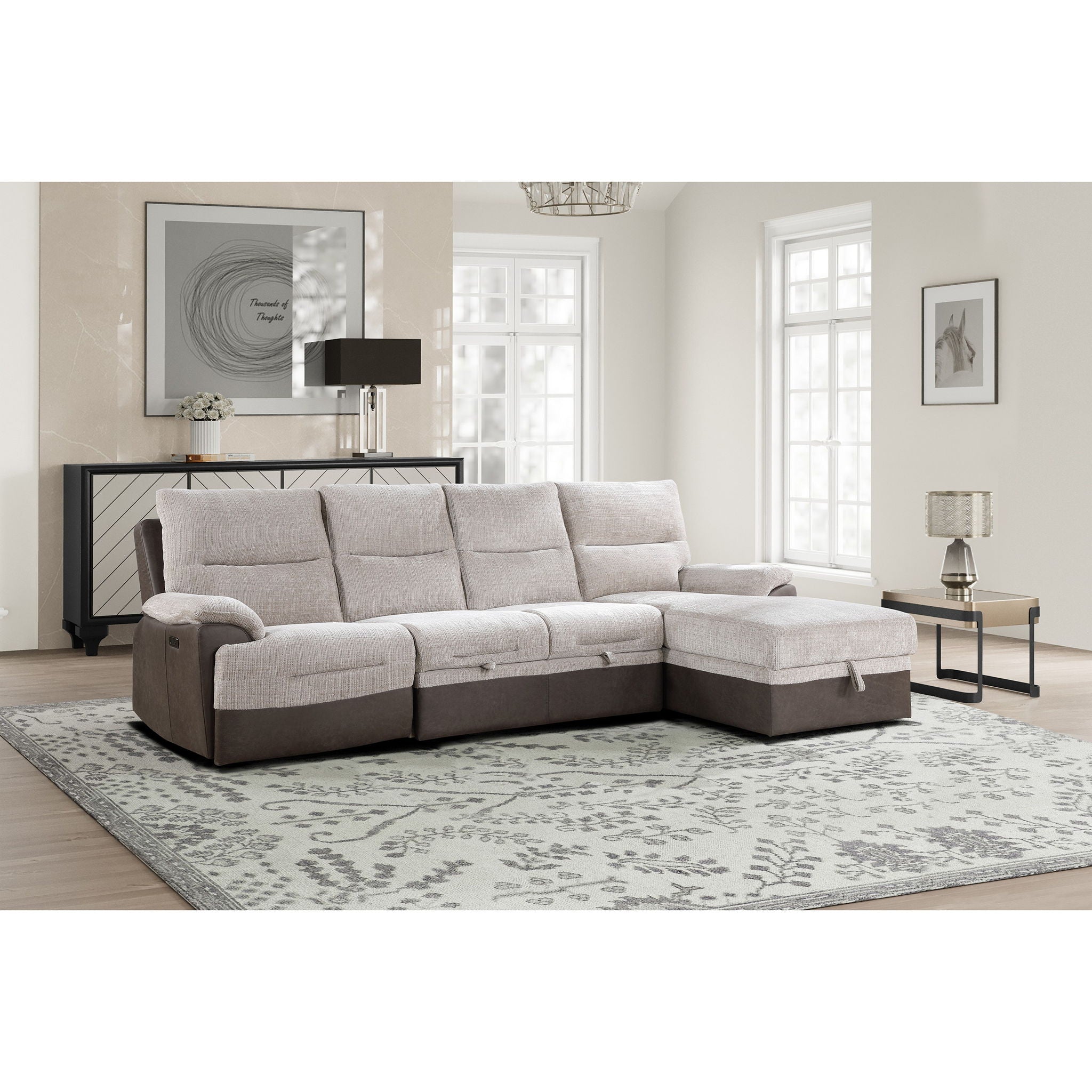 Kia - Sectional With Power And USB - Beige / Brown