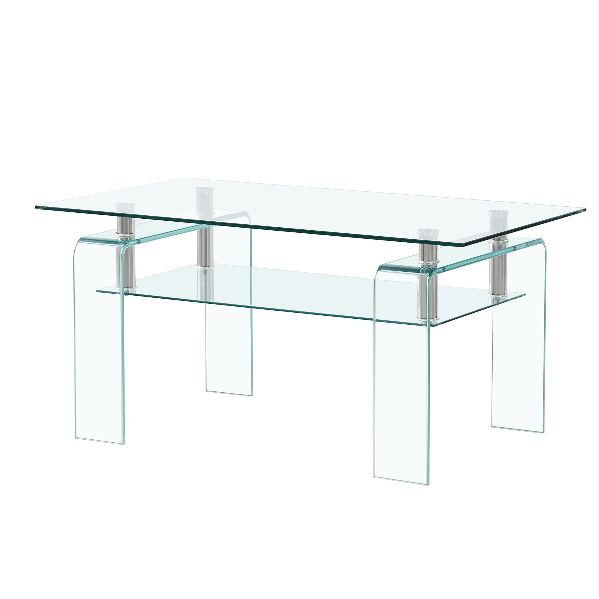 Modern Tempered Glass Coffee Table With 2 Tier Storage For Living Room