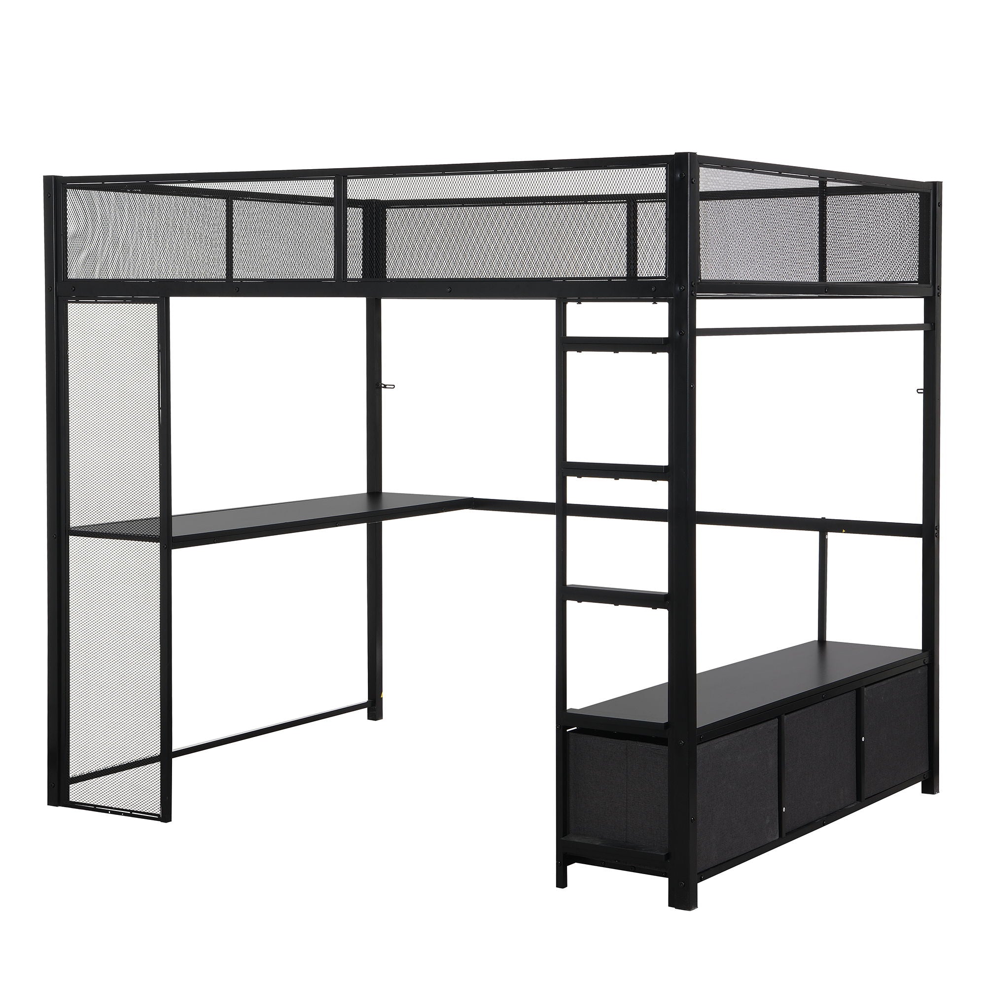 Full Size Gaming Loft Bed With LED Desk, Open Wardrobe, 3 Linen Storage Drawers - Black