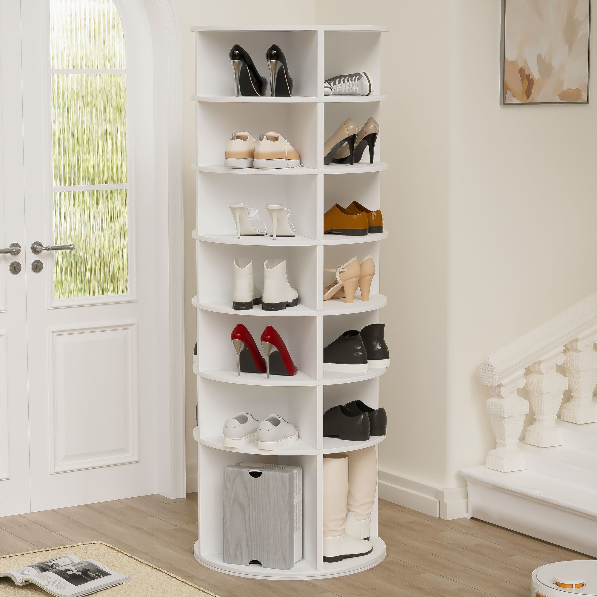 6 Tier Spinning Shoe Rack, Free Standing, 360° Revolving Shoe Organizer - White