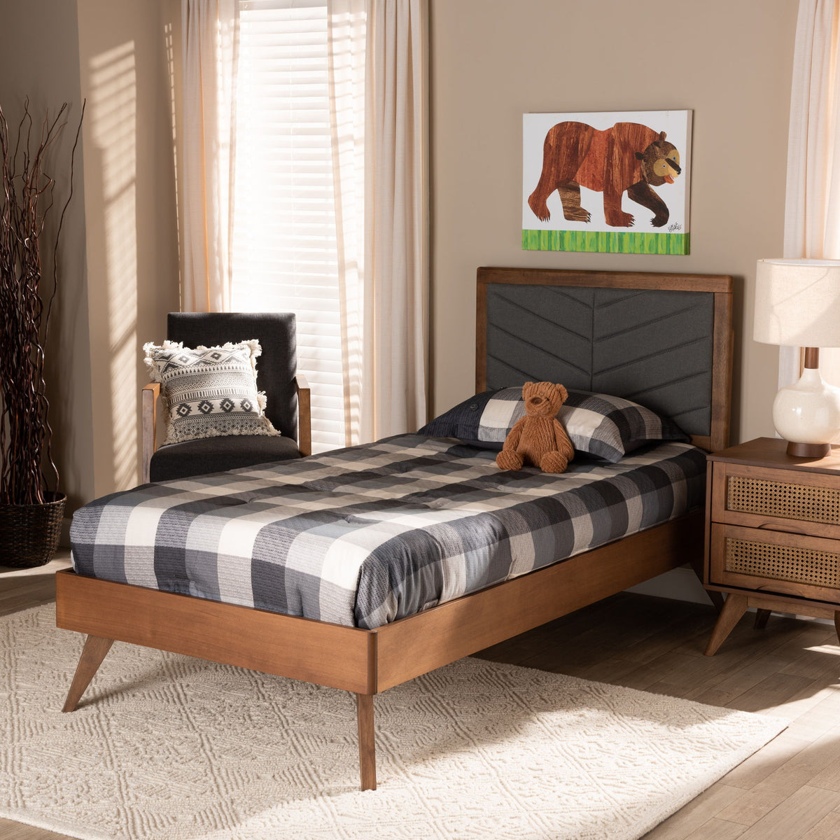 Roze Mid-Century Modern Dark Grey Fabric Upholstered and Walnut brown Finished Wood Twin Size Platform Bed