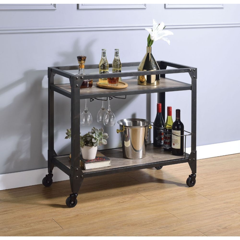 ACME Jorgensen - Serving Cart - Rustic Oak & Charcoal | Meri Furniture